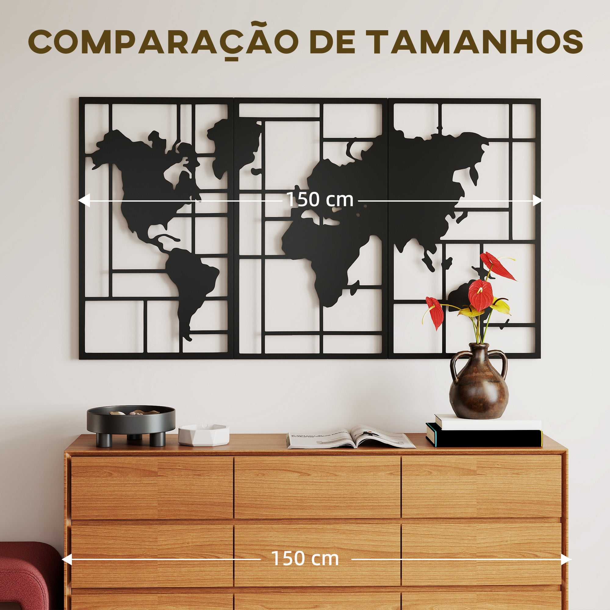 HOMCOM Mapa Múndi Metal Decoração de Parede 3 Peças Preto