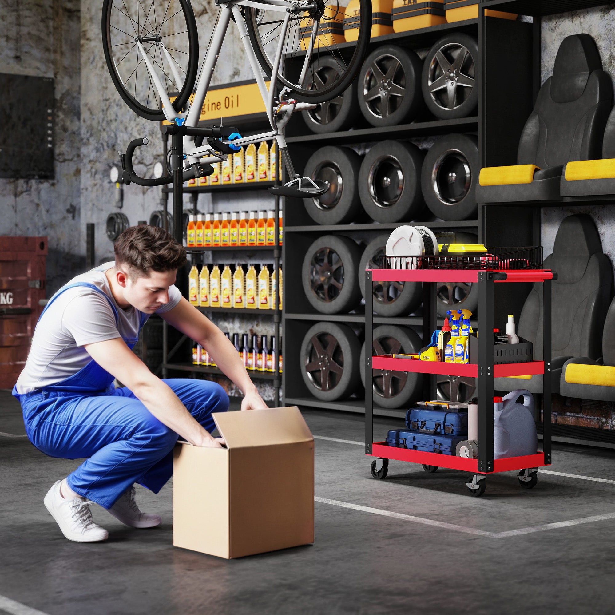 HOMCOM Carrinho de Ferramentas com 3 Prateleiras para Garagem