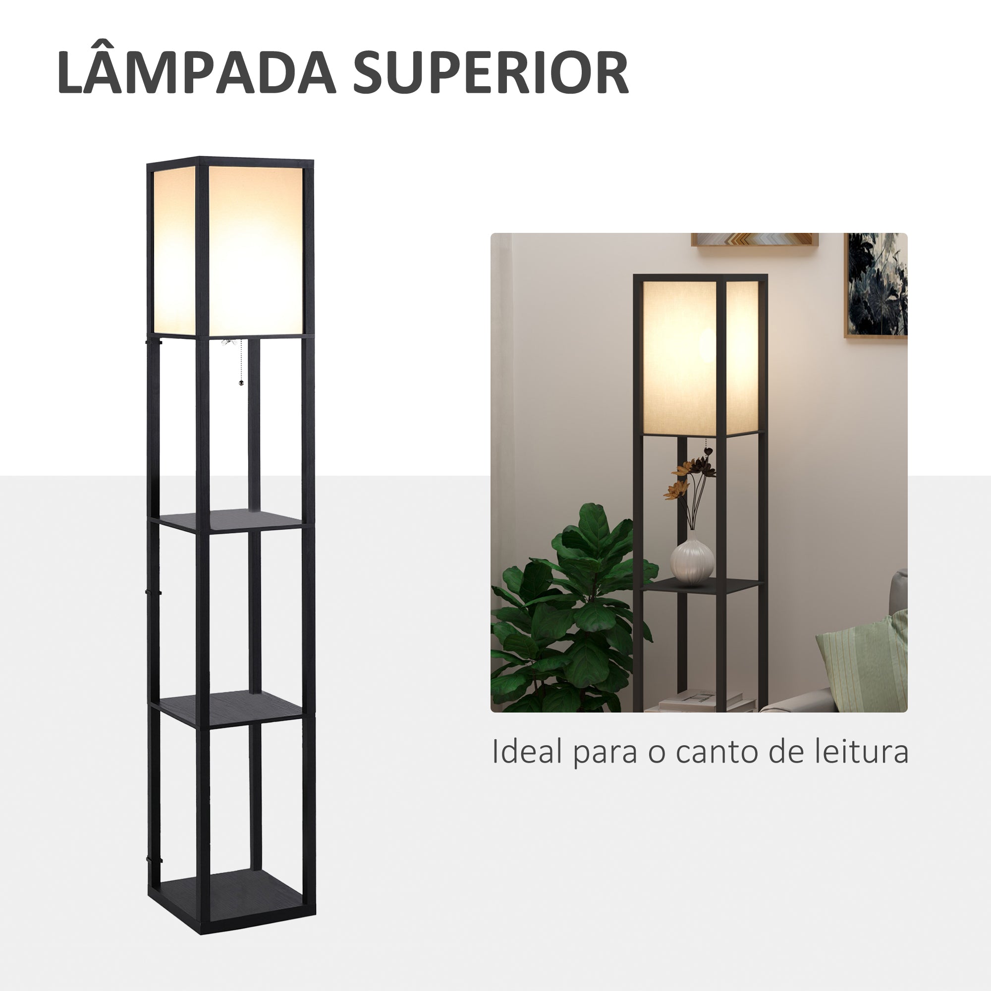 Candeeiro de Pé HOMCOM com 3 Prateleiras de Armazenamento, Preto