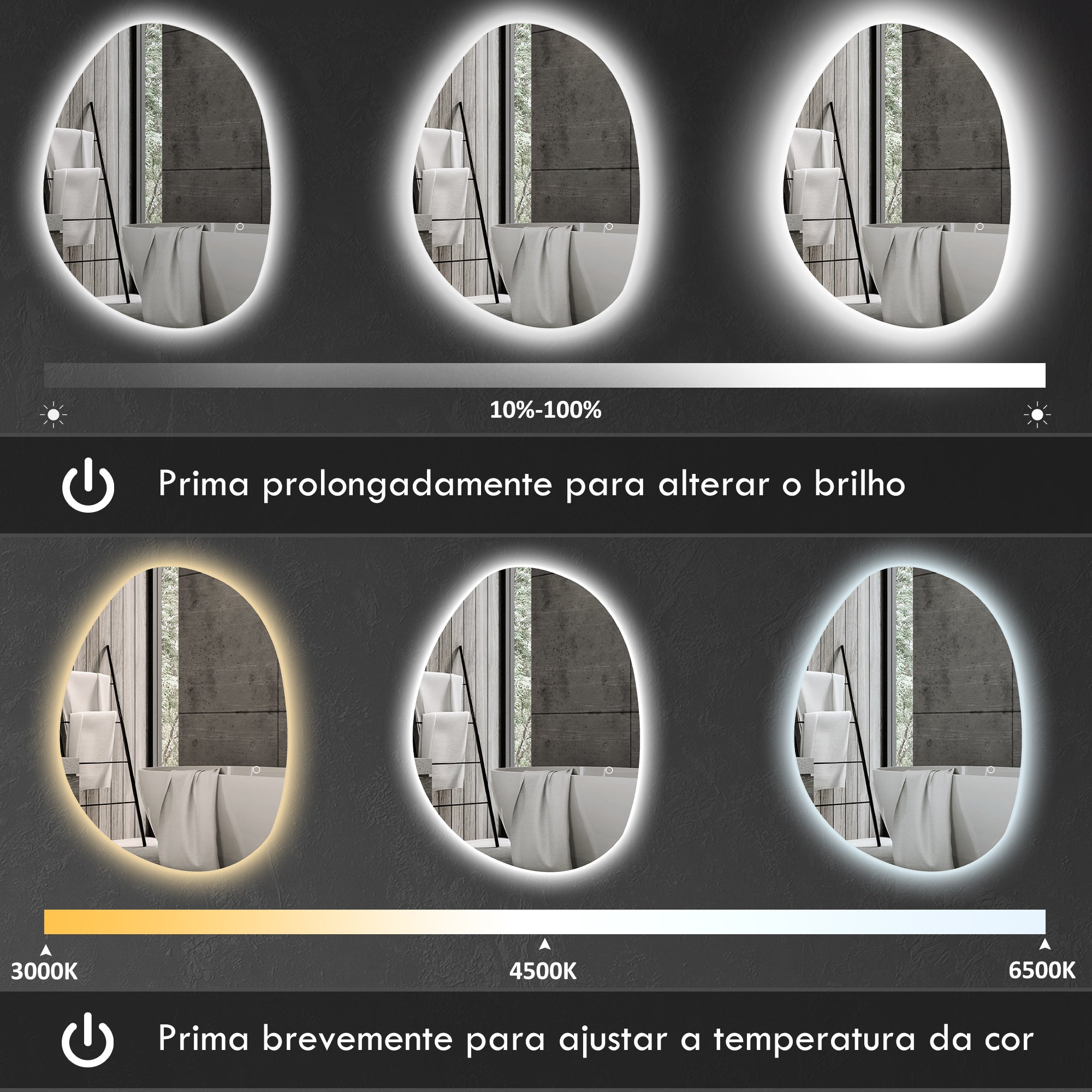 HOMCOM Espelho de Casa de Banho LED 80x60 cm Prata Anti-Embaciamento