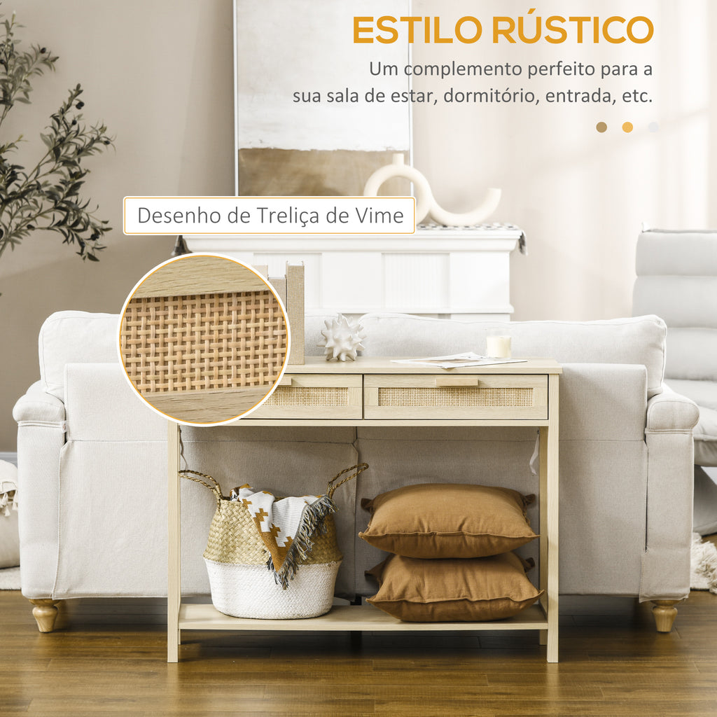 HOMCOM Mesa Consola Rústica com 2 Gavetas e Prateleira, Natural