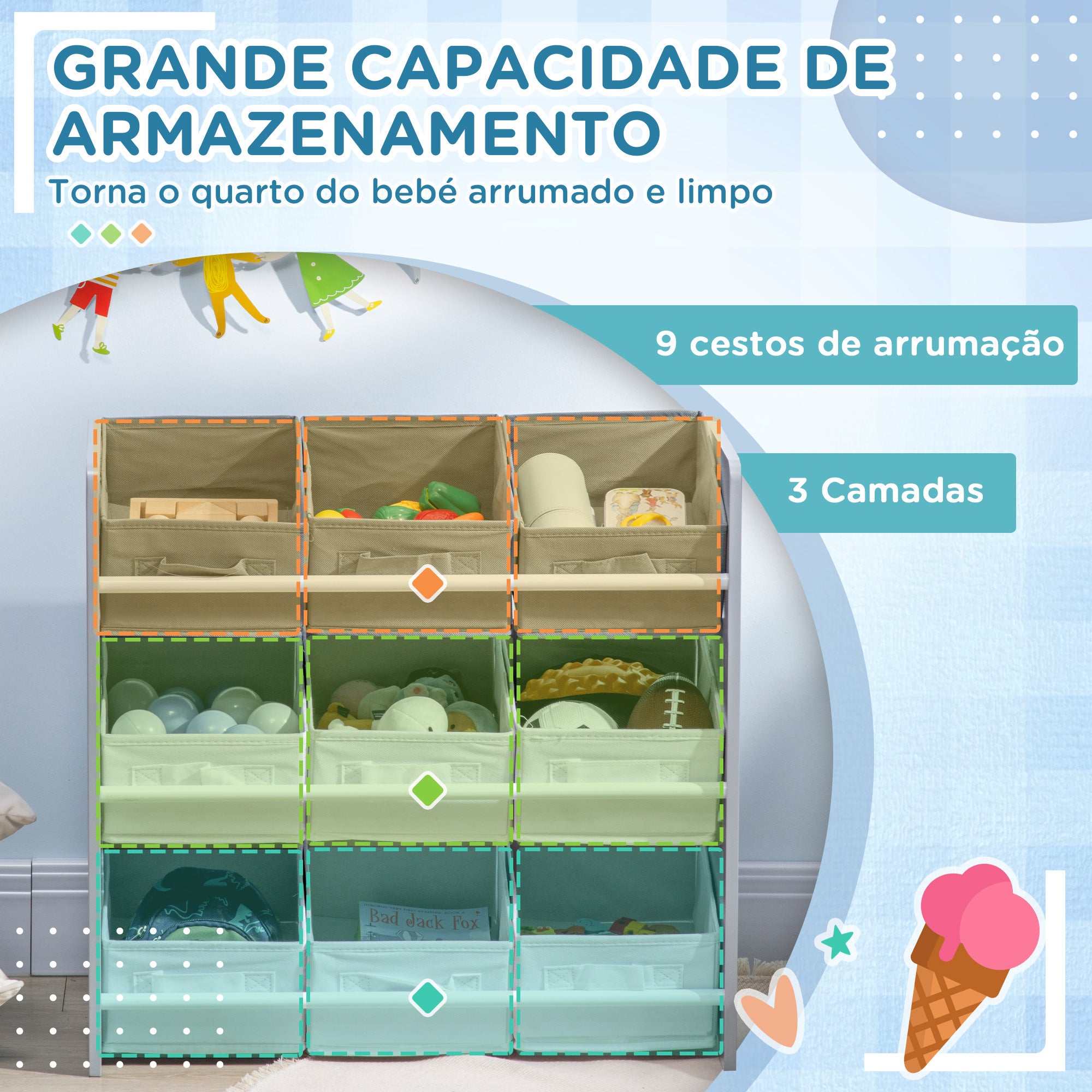 ZONEKIZ Estante para Brinquedos 9 Caixas, Organizador Infantil, 63x30x60 cm