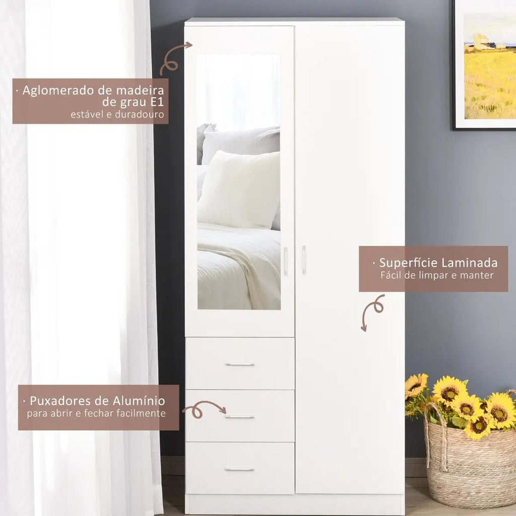 HOMCOM Roupeiro 2 Portas com Espelho, 3 Gavetas, 80x50x180cm, Branco