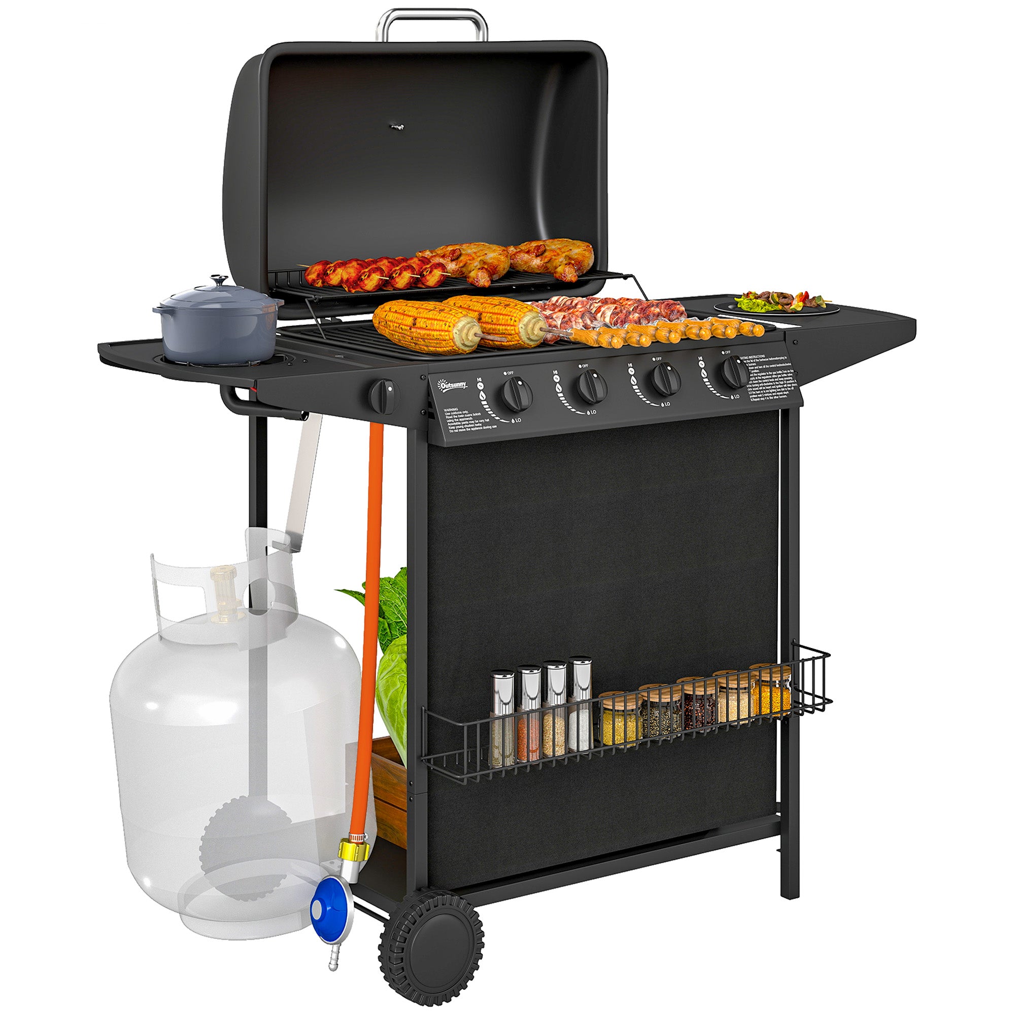 Outsunny Barbecue a Gás 4+1 Queimadores 12 kW Preto