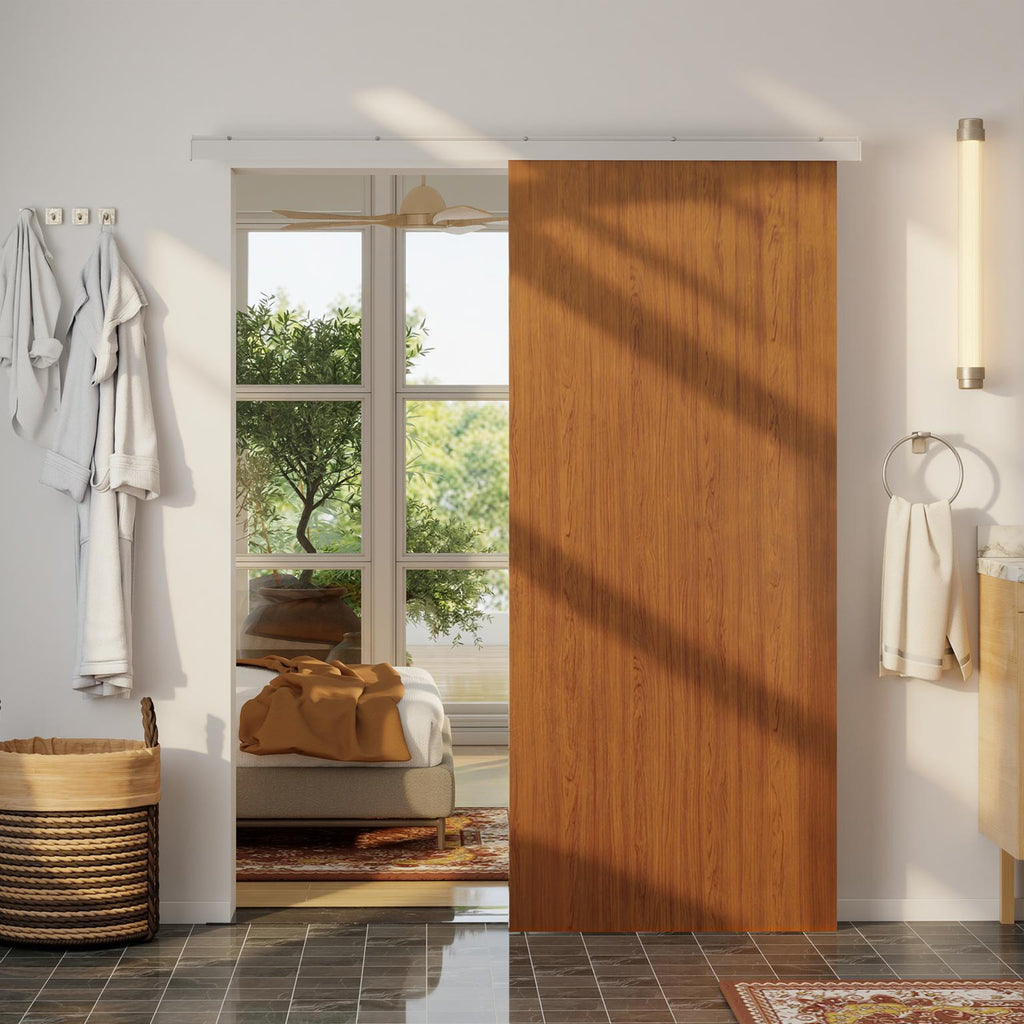 Porta de Correr HOMCOM 90x210 cm com Trilho e Ferragens, Castanho