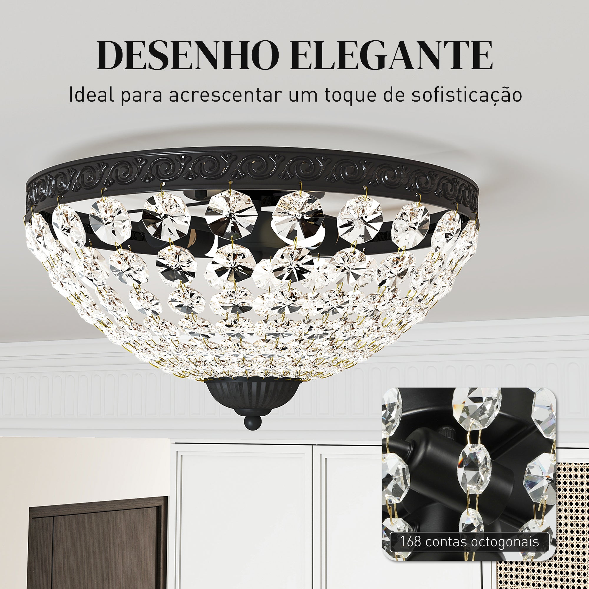 HOMCOM Candeeiro de Teto Cristal Vintage, Preto, Ø35x22 cm