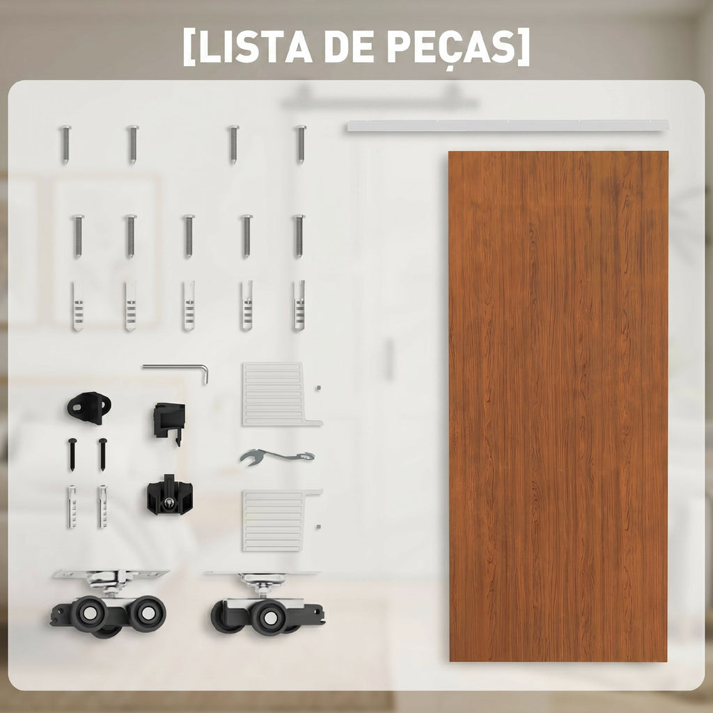 Porta de Correr HOMCOM 90x210 cm com Trilho e Ferragens, Castanho