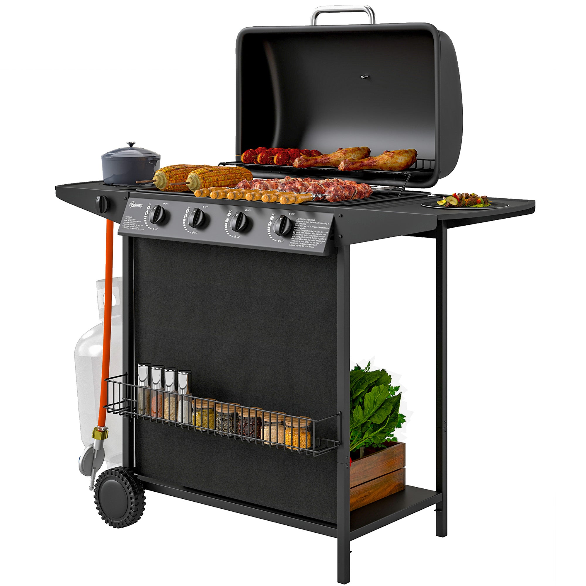 Outsunny Barbecue a Gás 4+1 Queimadores 12 kW Preto