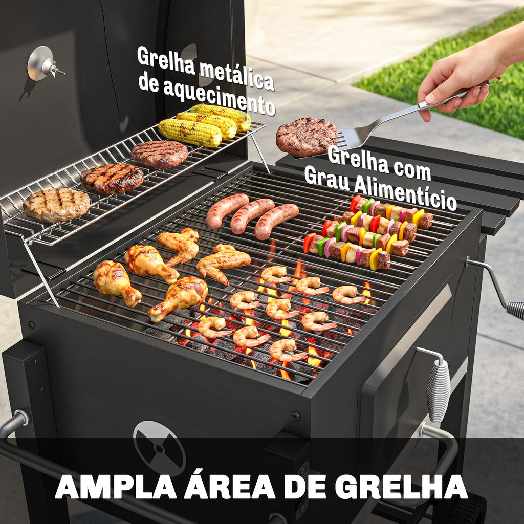 Outsunny Churrasqueira a Carvão com Rodas e Termômetro, 113x65x108 cm