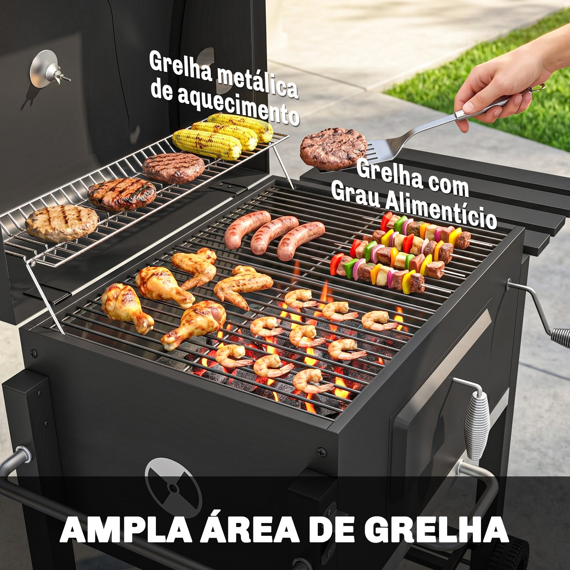 Outsunny Churrasqueira a Carvão com Rodas e Termômetro, 113x65x108 cm