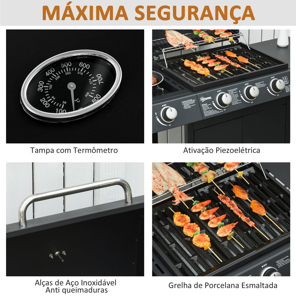 Churrasqueira a Gás Outsunny 3+1 Queimadores 11,6KW Com Armário