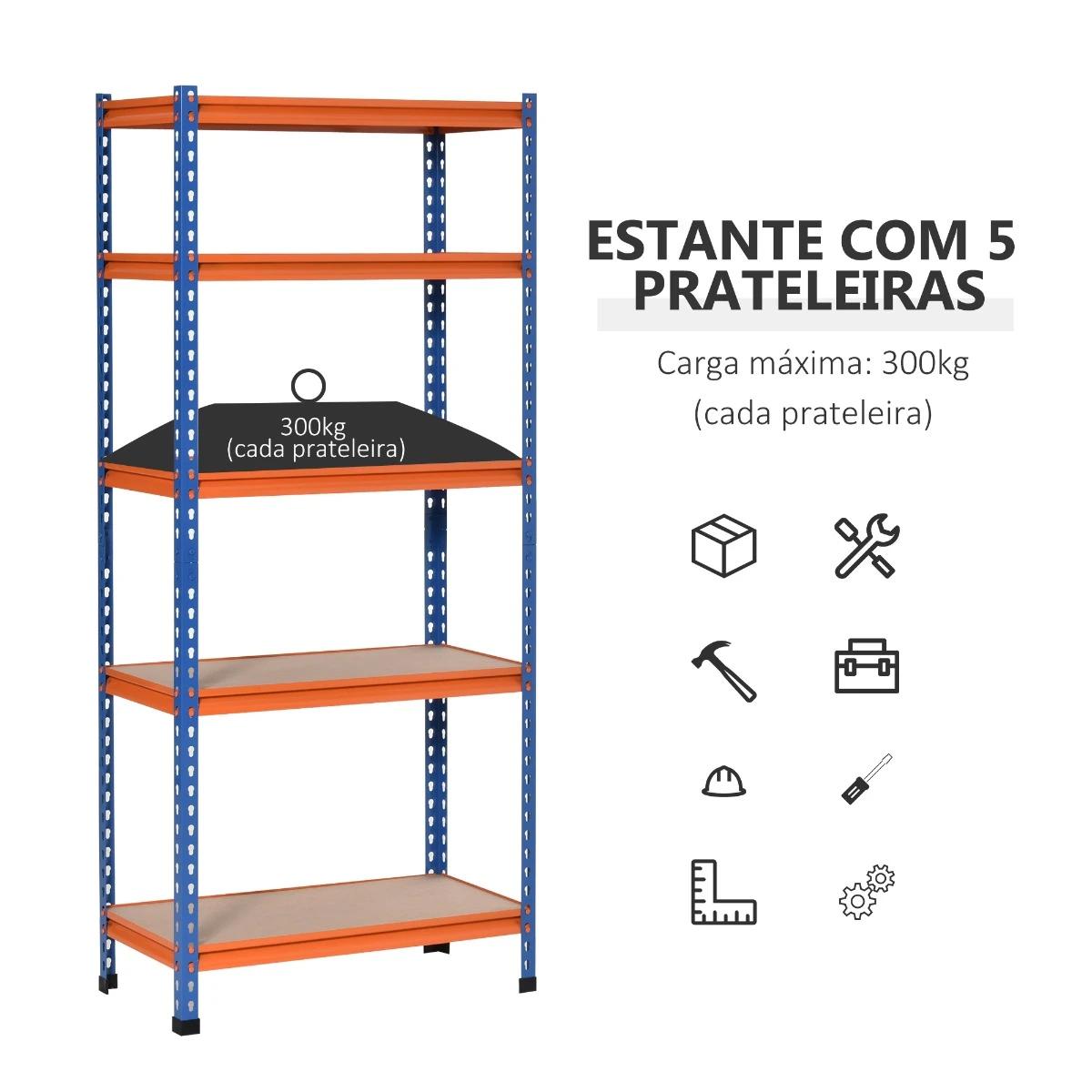 HOMCOM Estante Metálica 5 Prateleiras 182cm, Armazenamento Industrial Azul Laranja