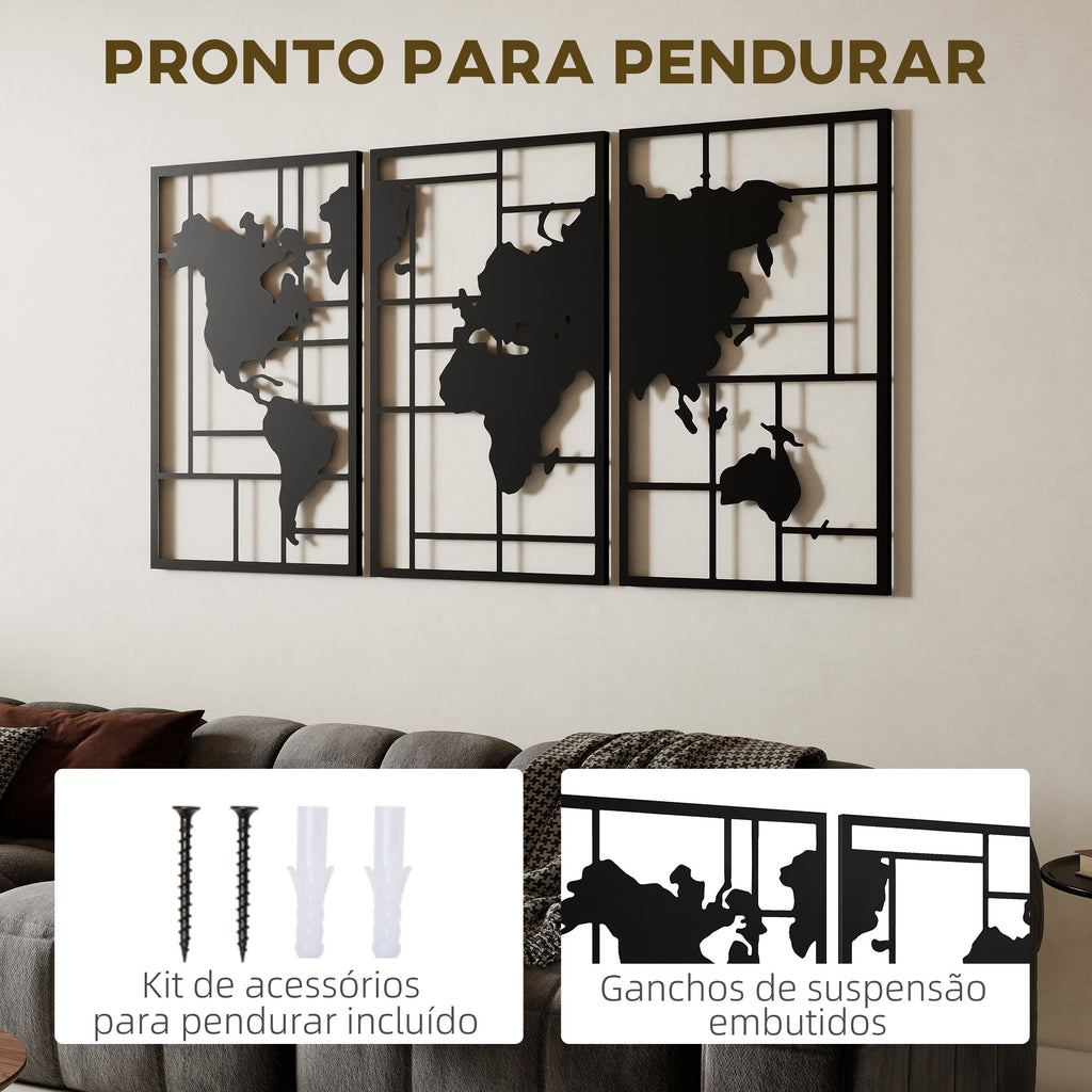 HOMCOM Mapa Múndi Metal Decoração de Parede 3 Peças Preto
