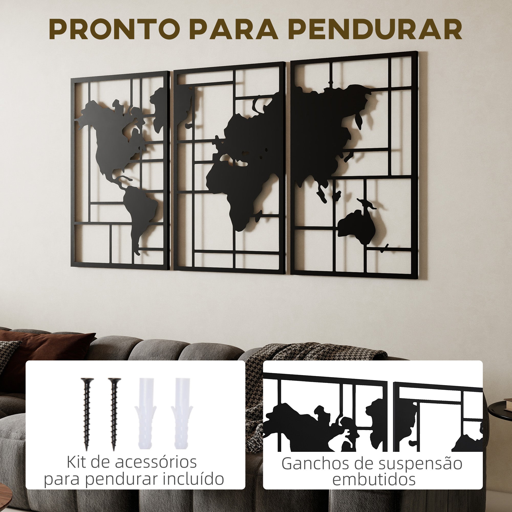 HOMCOM Mapa Múndi Metal Decoração de Parede 3 Peças Preto