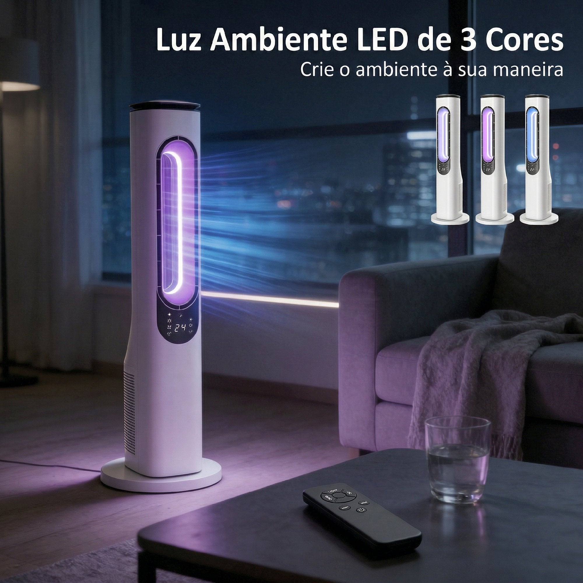 HOMCOM Ventilador de Torre Sem Pás LED Controlo Remoto Branco