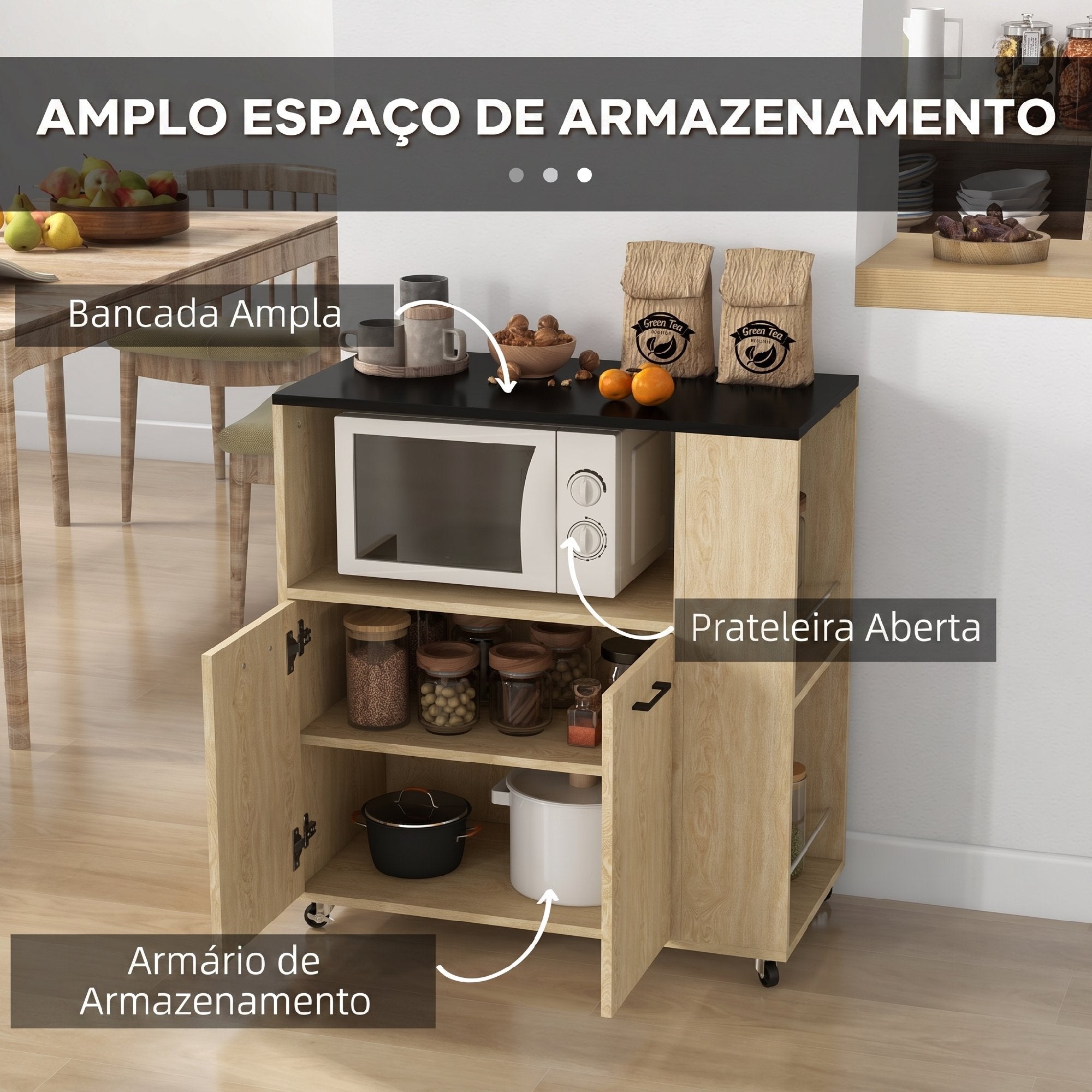 HOMCOM Carrinho de Cozinha com Rodas Madeira 75x40x80,5 cm