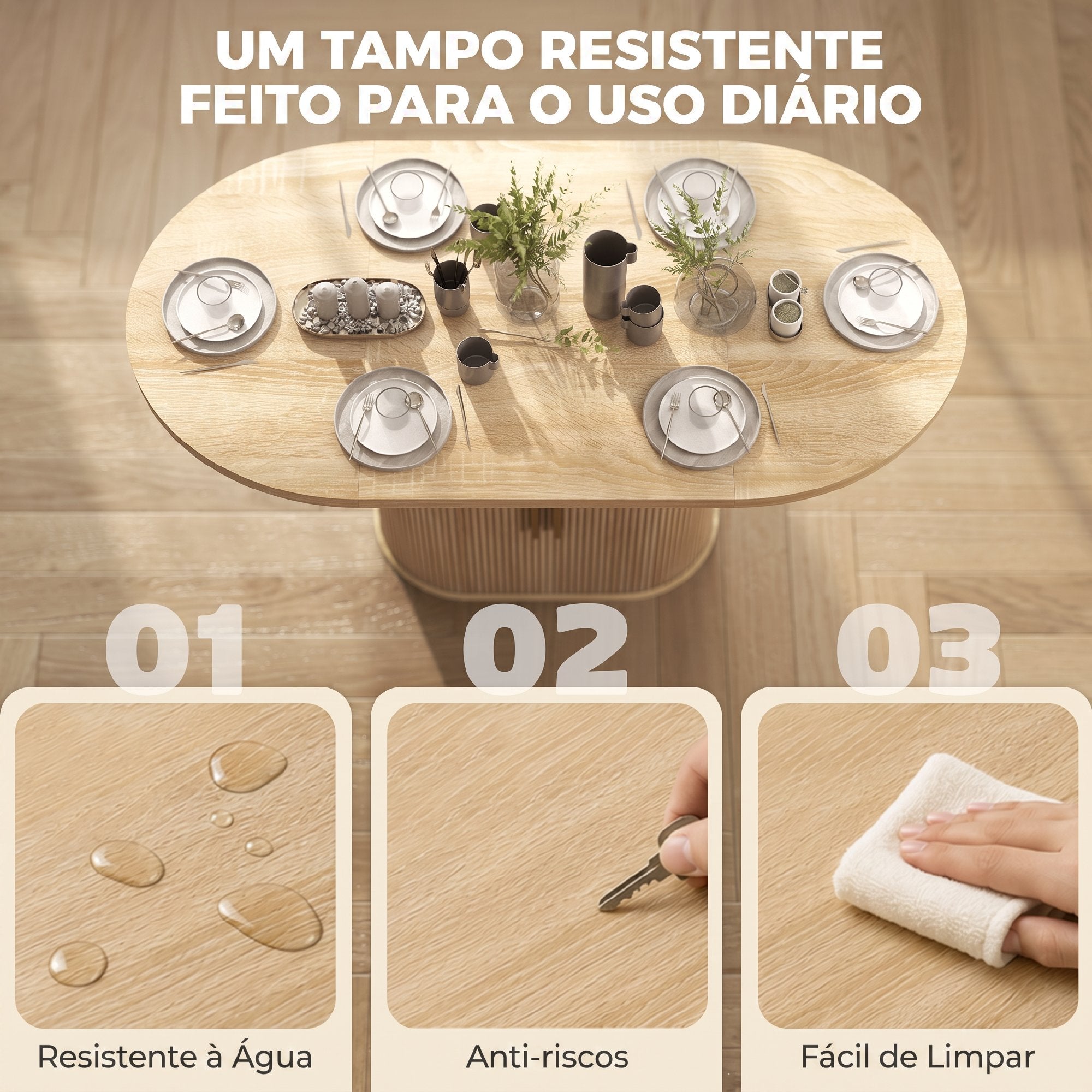 HOMCOM Mesa de Jantar Oval com Portas de Correr, Carvalho