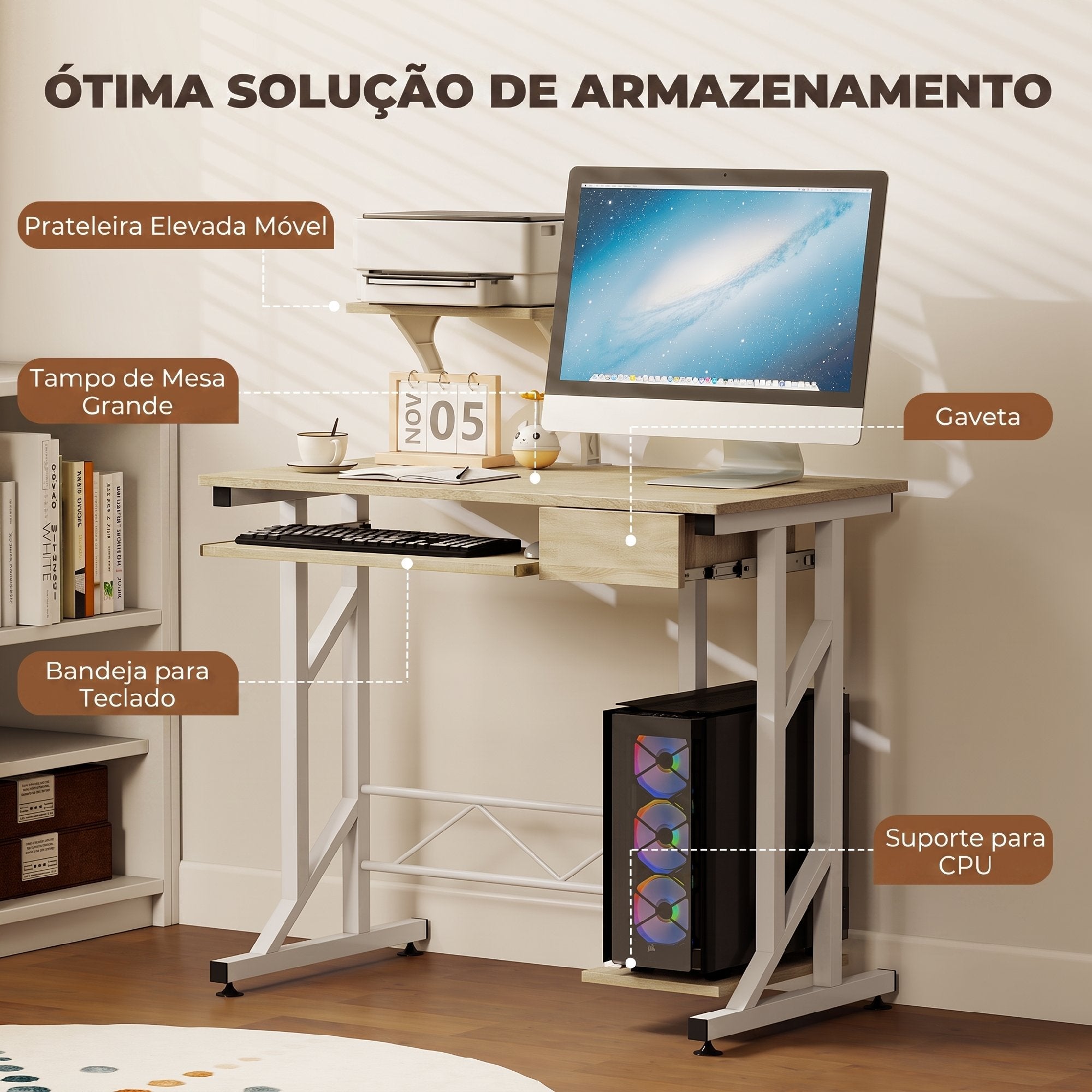 HOMCOM Secretária para Computador com Gaveta e Bandeja, 90x50x100 cm
