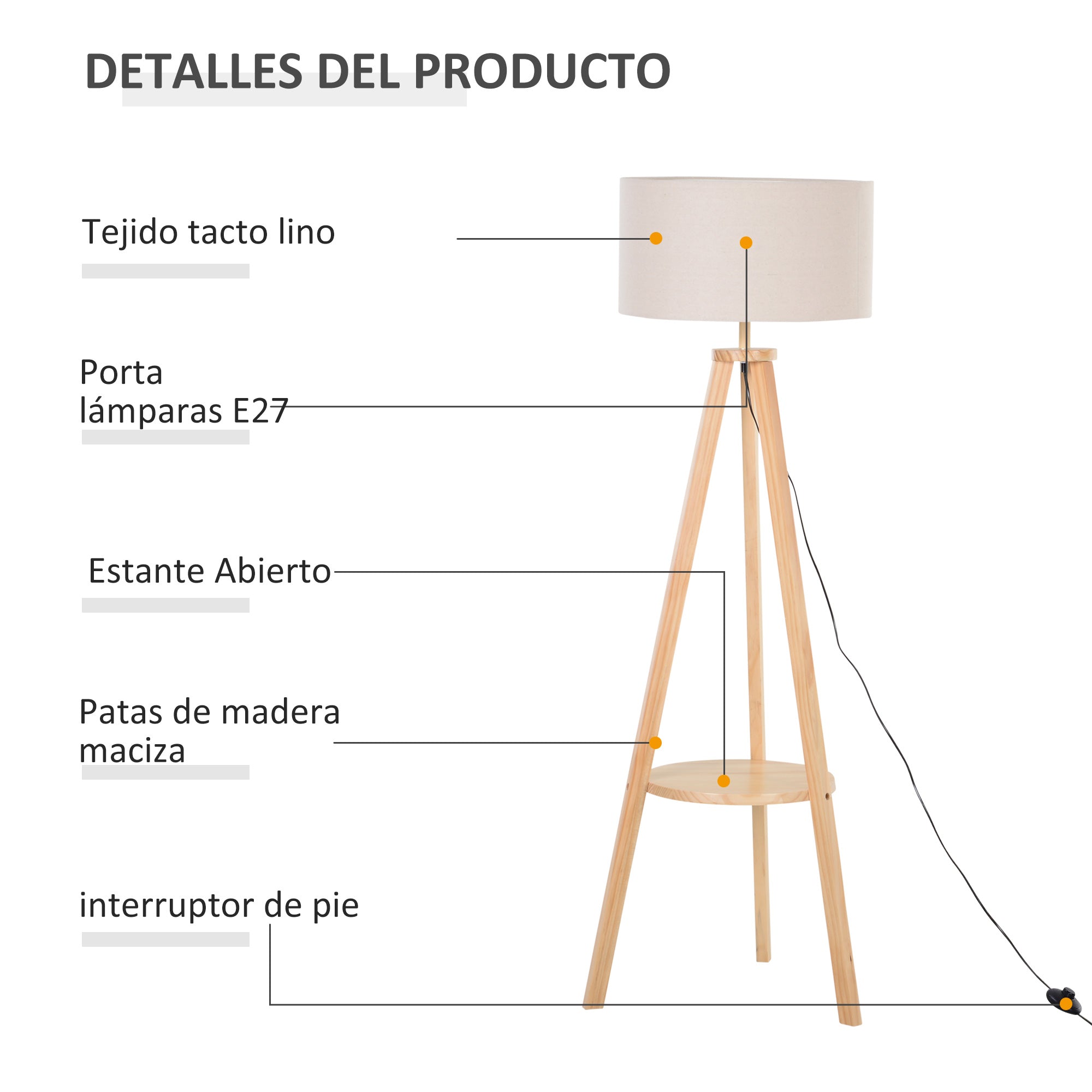 HOMCOM Candeeiro Pé Moderno Tripé Madeira 154cm