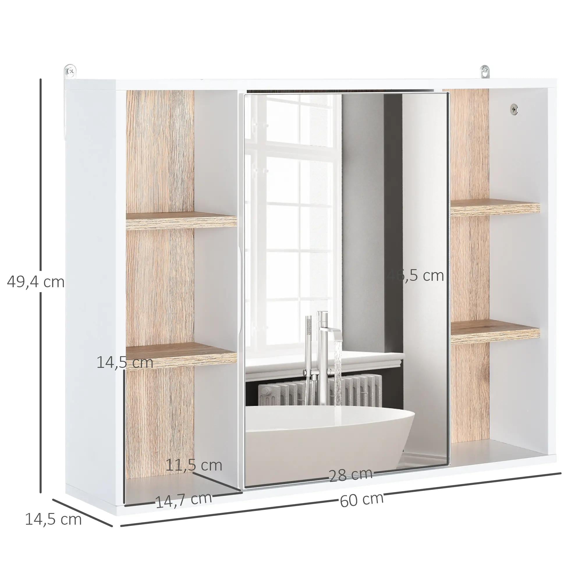 HOMCOM Armário de Espelho com Prateleiras, 60x15x49 cm, Branco e Carvalho