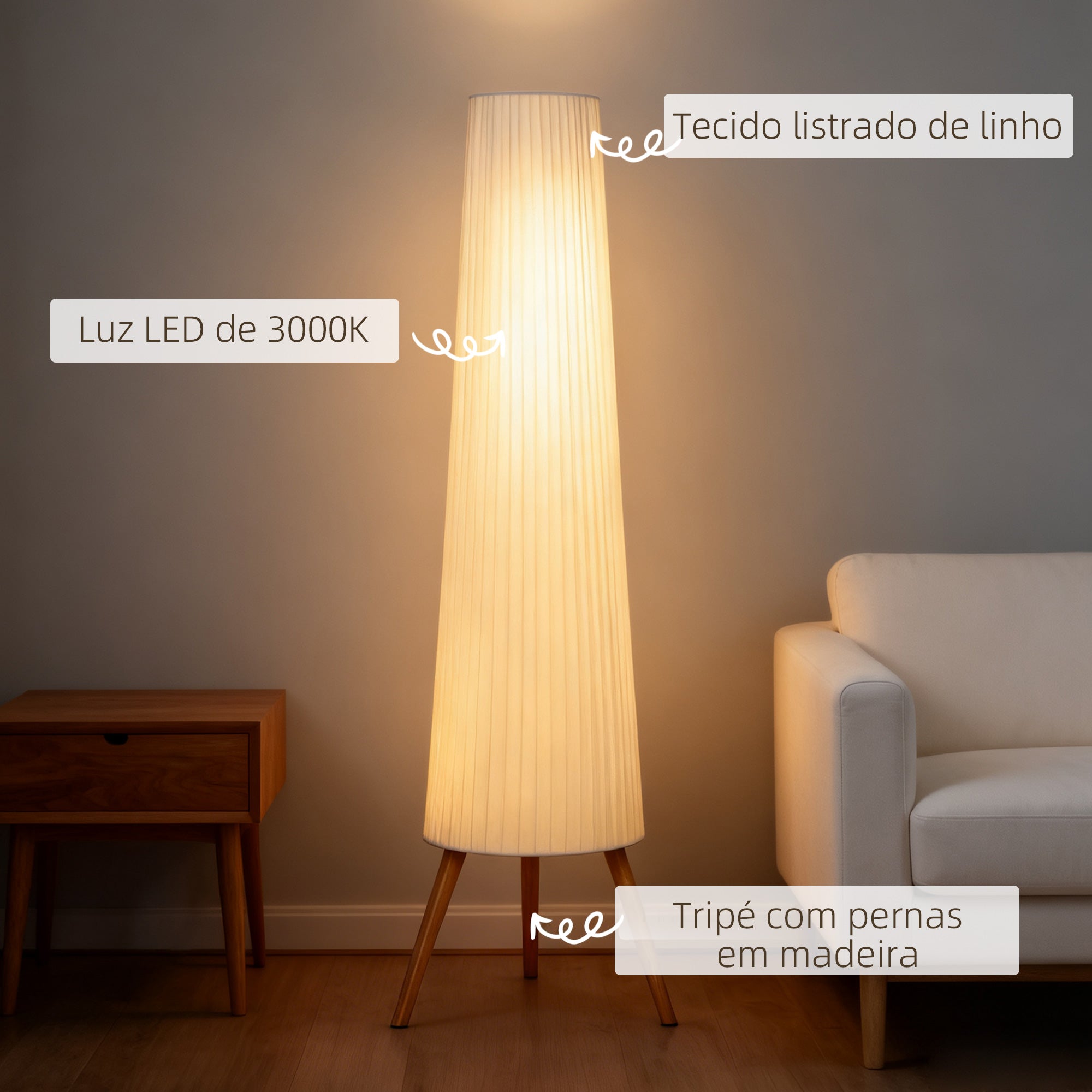 HOMCOM Candeeiro de Pé com Tripé, Madeira e Tecido, 153 cm