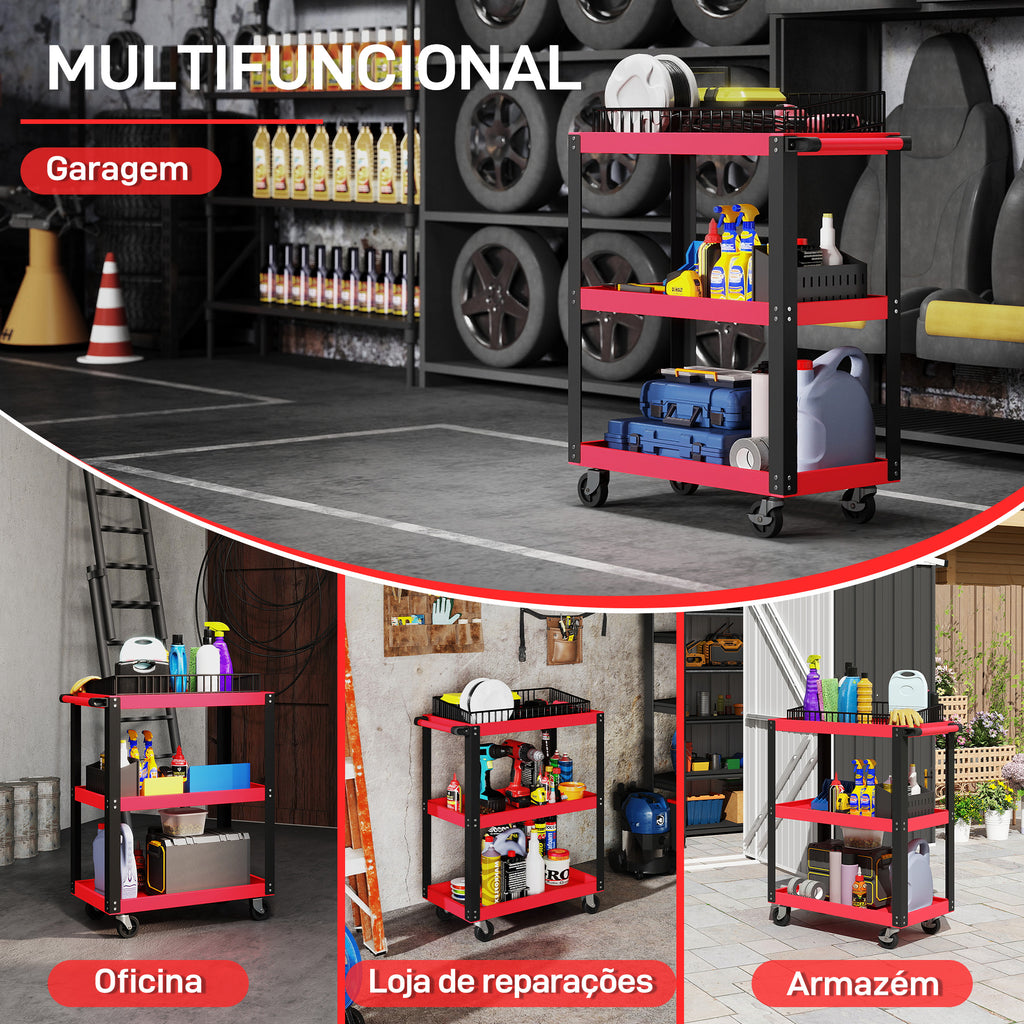 HOMCOM Carrinho de Ferramentas com 3 Prateleiras para Garagem