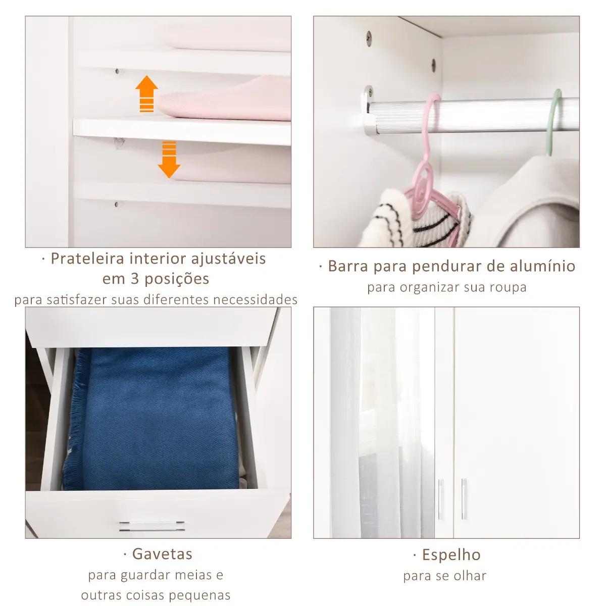 HOMCOM Roupeiro 2 Portas com Espelho, 3 Gavetas, 80x50x180cm, Branco