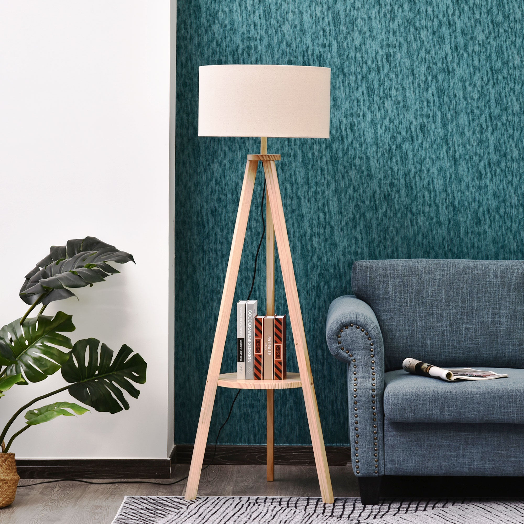HOMCOM Candeeiro Pé Moderno Tripé Madeira 154cm