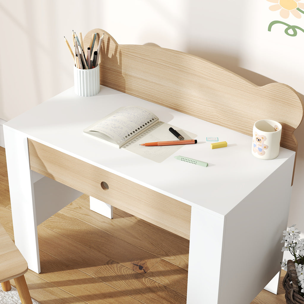AIYAPLAY Secretária para Crianças com Cadeira em Forma de Ursinho, Branco e Madeira
