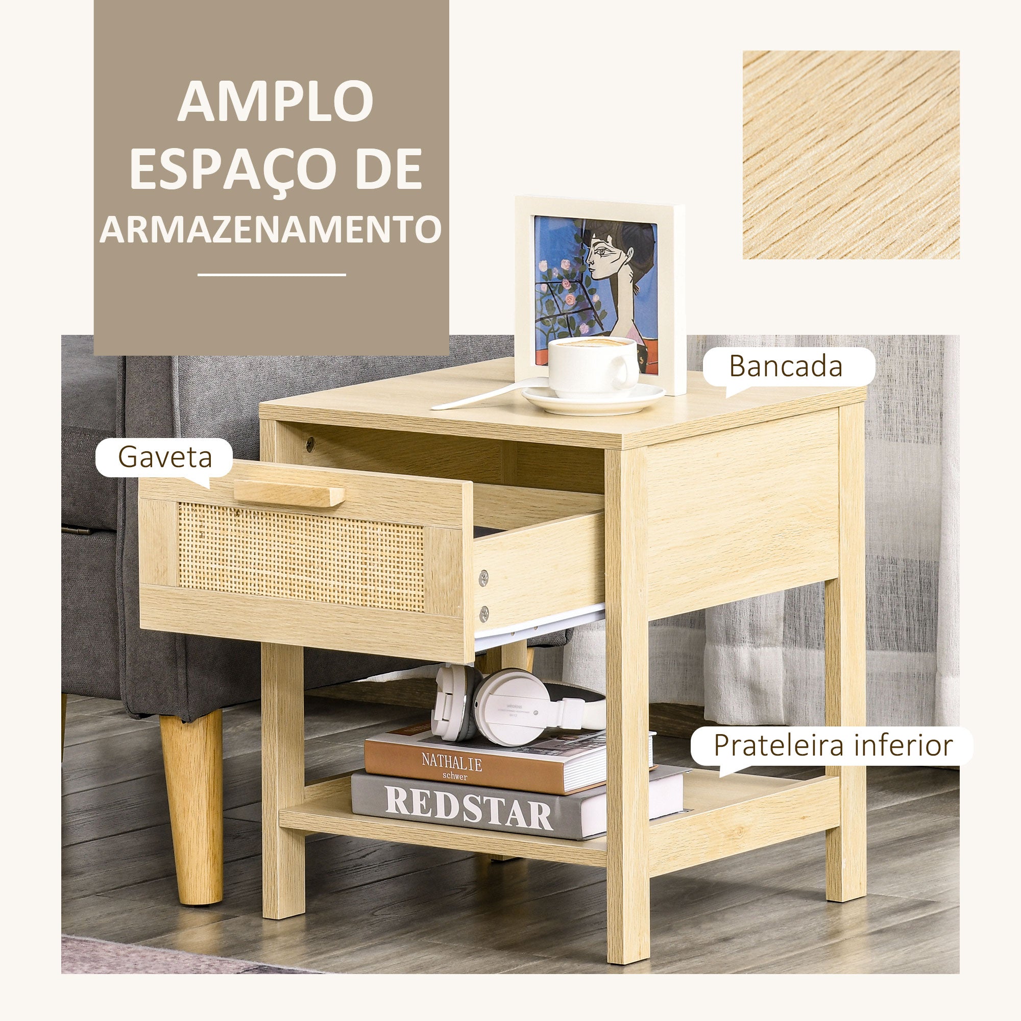 HOMCOM Mesa de Cabeceira com Gaveta em Vime, 40x40x48 cm