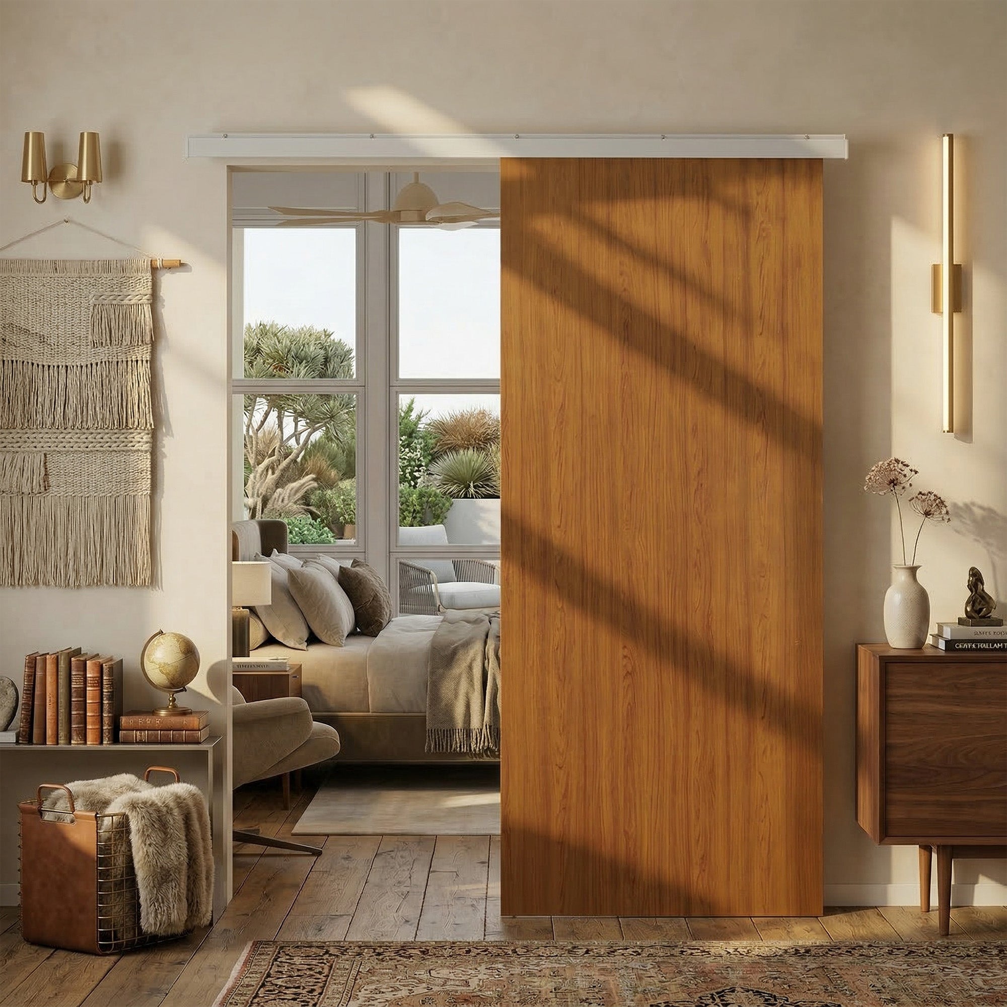 Porta de Correr HOMCOM 90x210 cm com Trilho e Ferragens, Castanho