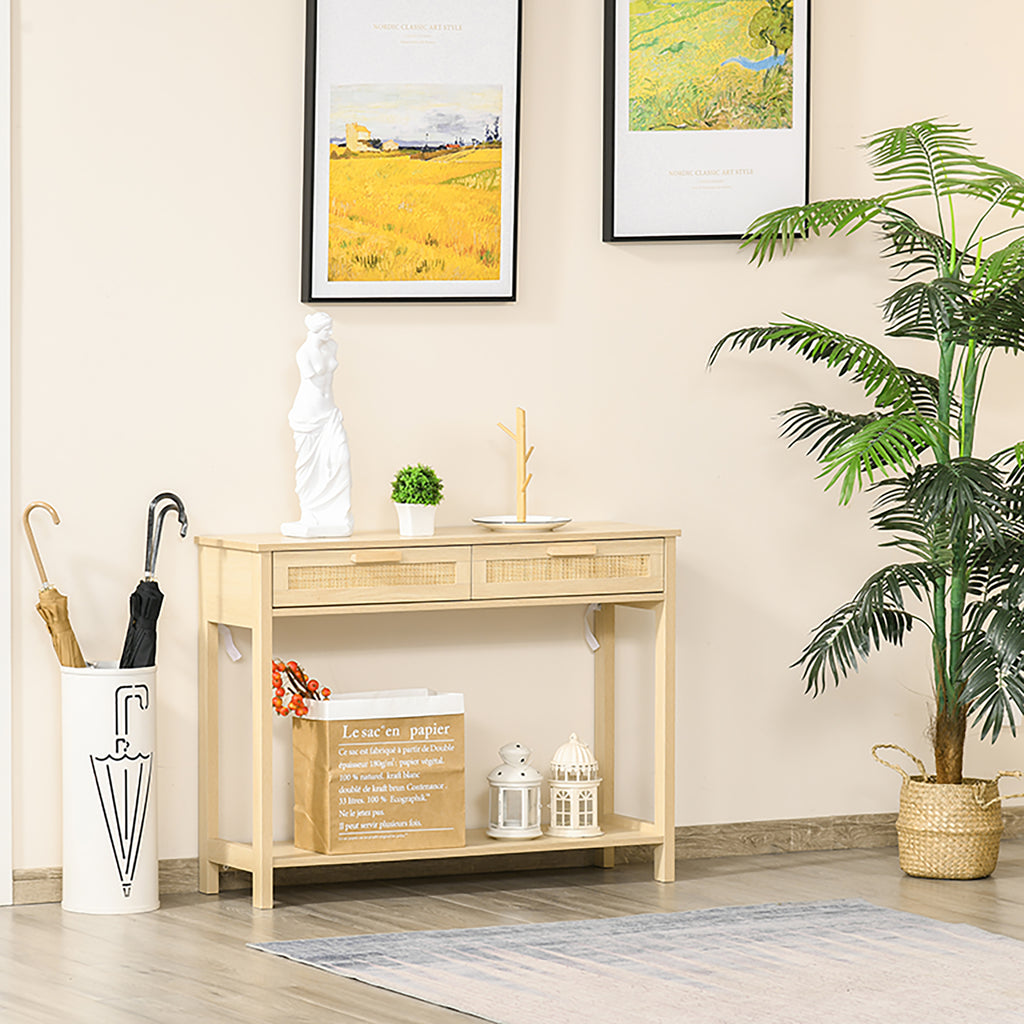 HOMCOM Mesa Consola Rústica com 2 Gavetas e Prateleira, Natural