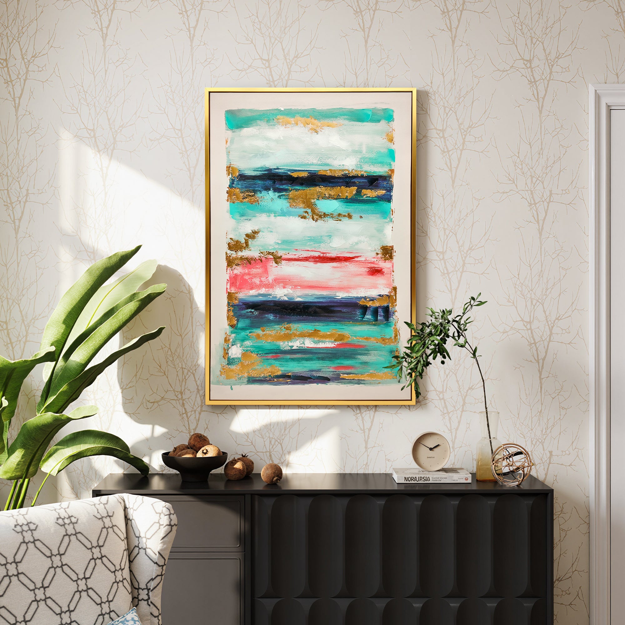 Quadro Abstrato Pintado à Mão 120x80 cm com Moldura de Madeira