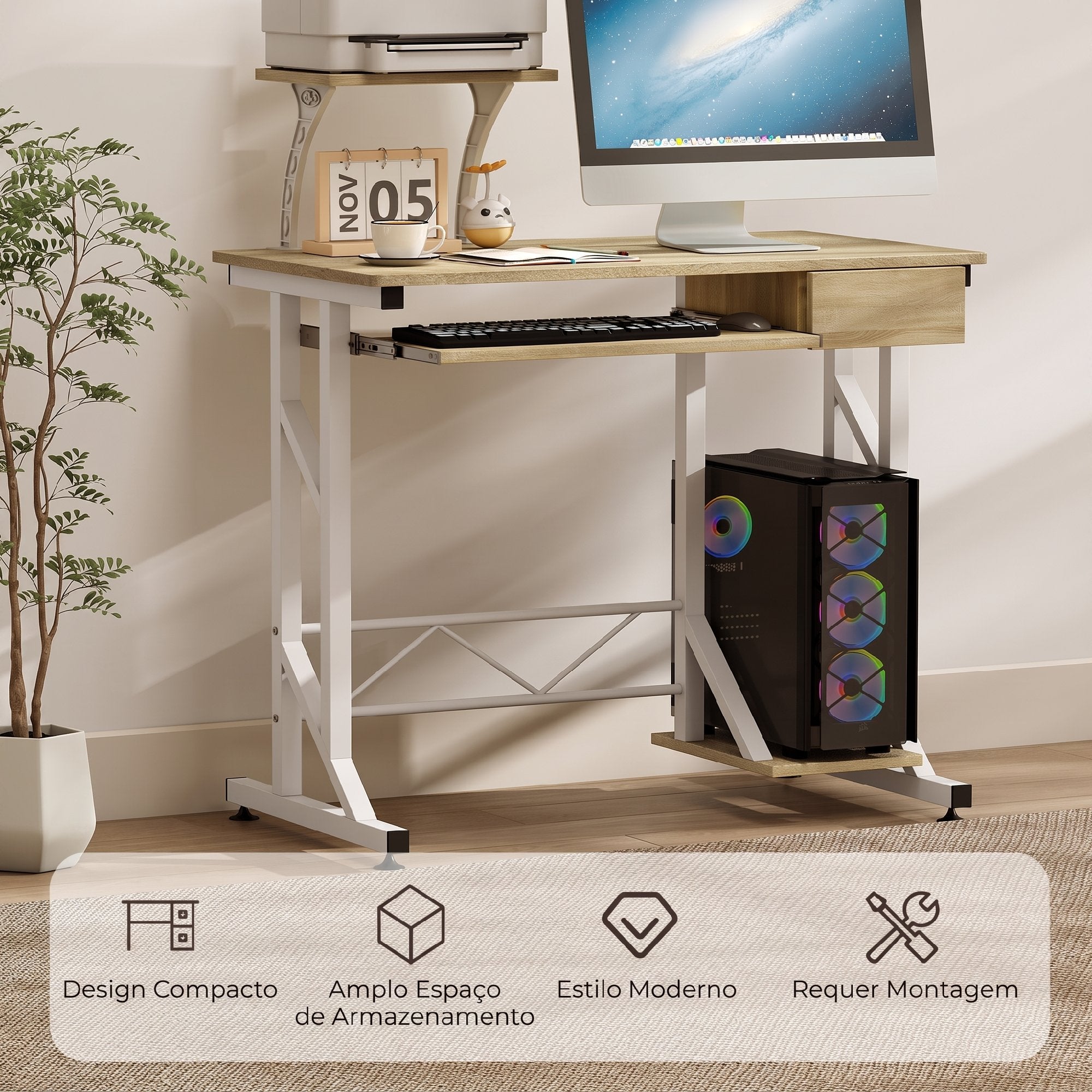 HOMCOM Secretária para Computador com Gaveta e Bandeja, 90x50x100 cm