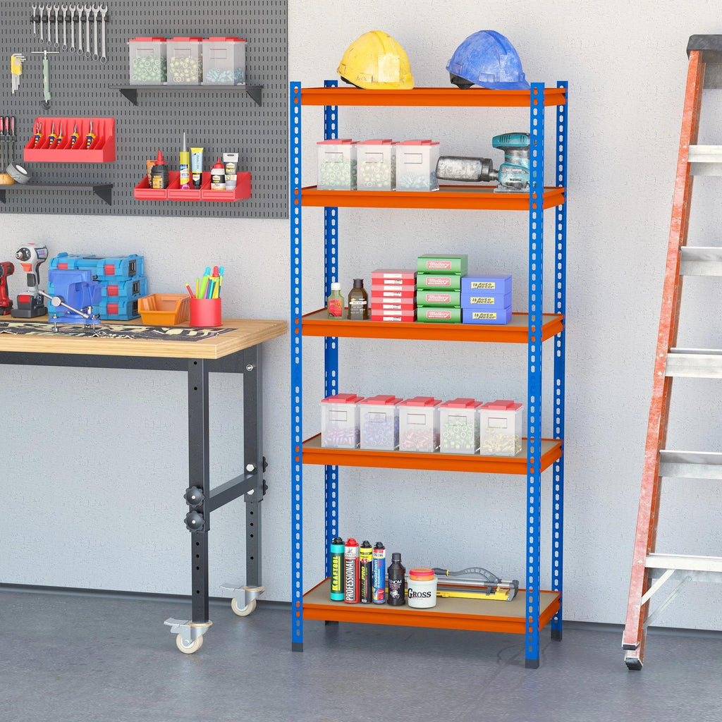 HOMCOM Estante Metálica 5 Prateleiras 182cm, Armazenamento Industrial Azul Laranja