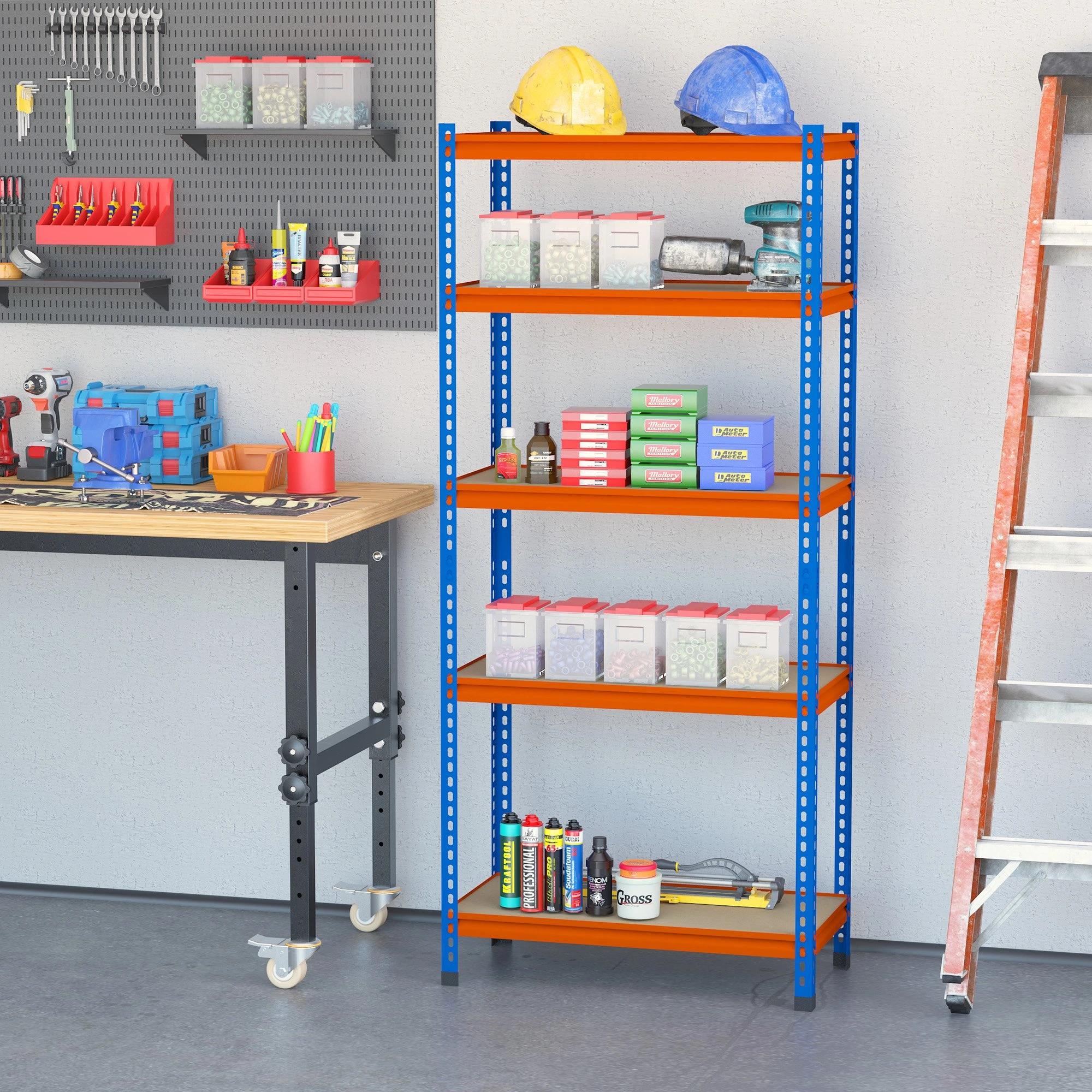 HOMCOM Estante Metálica 5 Prateleiras 182cm, Armazenamento Industrial Azul Laranja