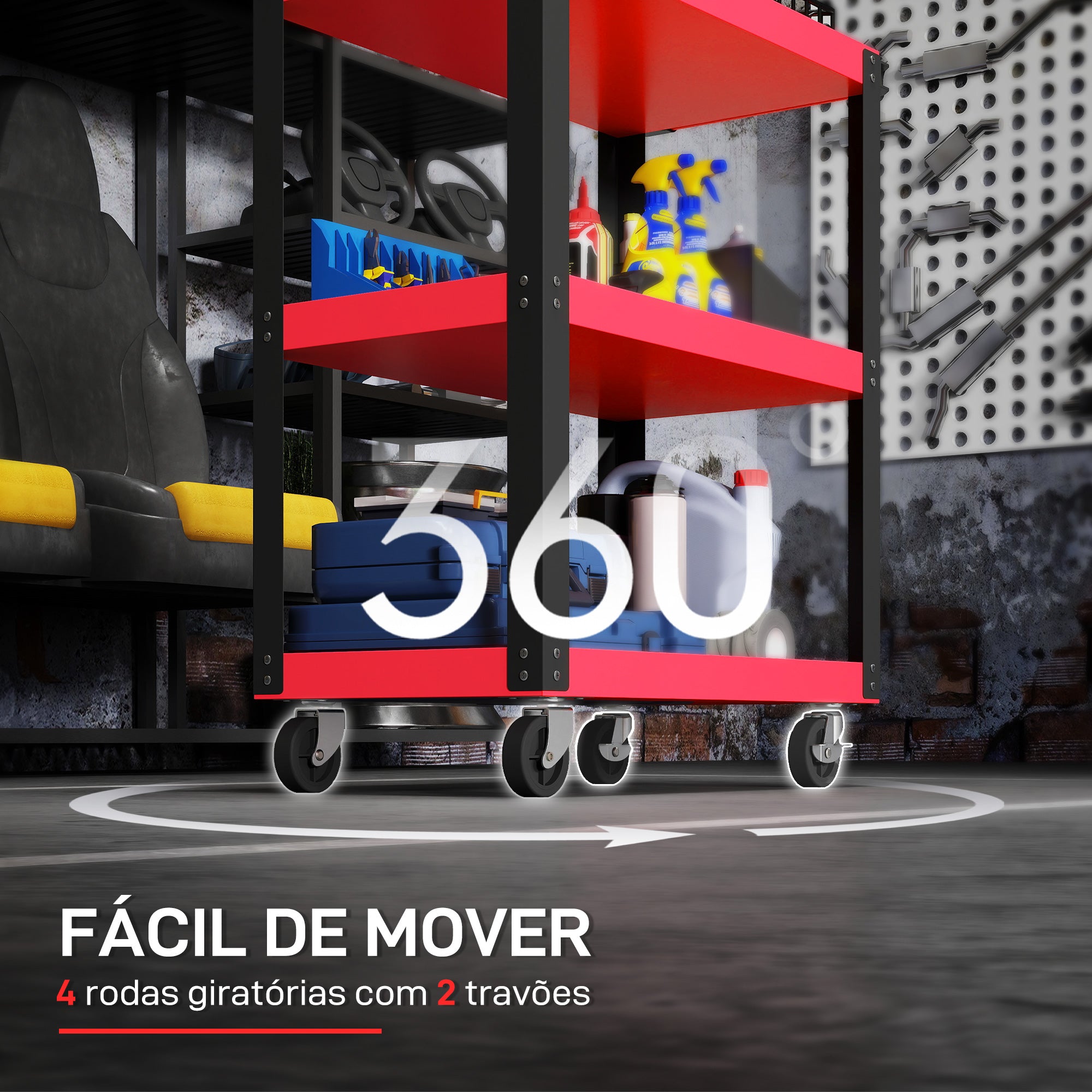 HOMCOM Carrinho de Ferramentas com 3 Prateleiras para Garagem