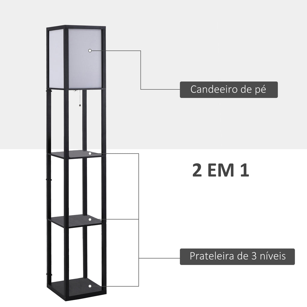 Candeeiro de Pé HOMCOM com 3 Prateleiras de Armazenamento, Preto