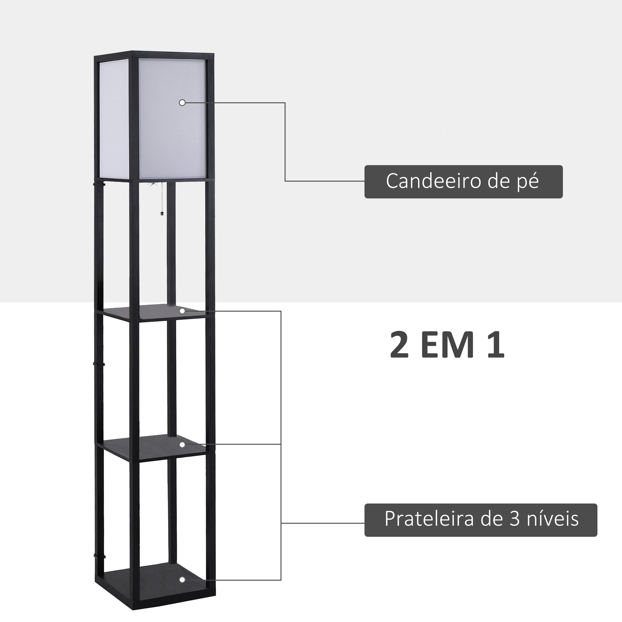 Candeeiro de Pé HOMCOM com 3 Prateleiras de Armazenamento, Preto