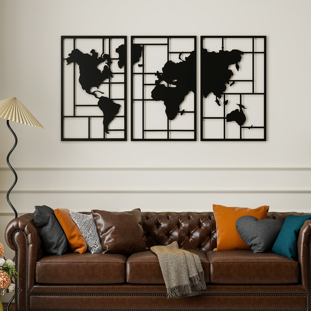 HOMCOM Mapa Múndi Metal Decoração de Parede 3 Peças Preto
