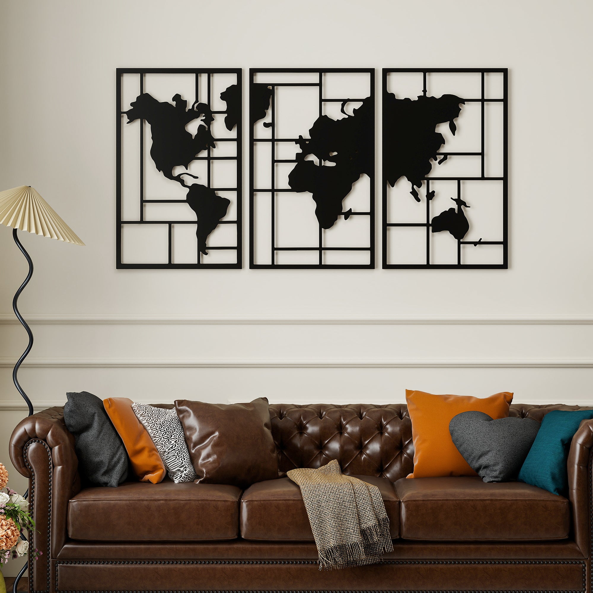 HOMCOM Mapa Múndi Metal Decoração de Parede 3 Peças Preto