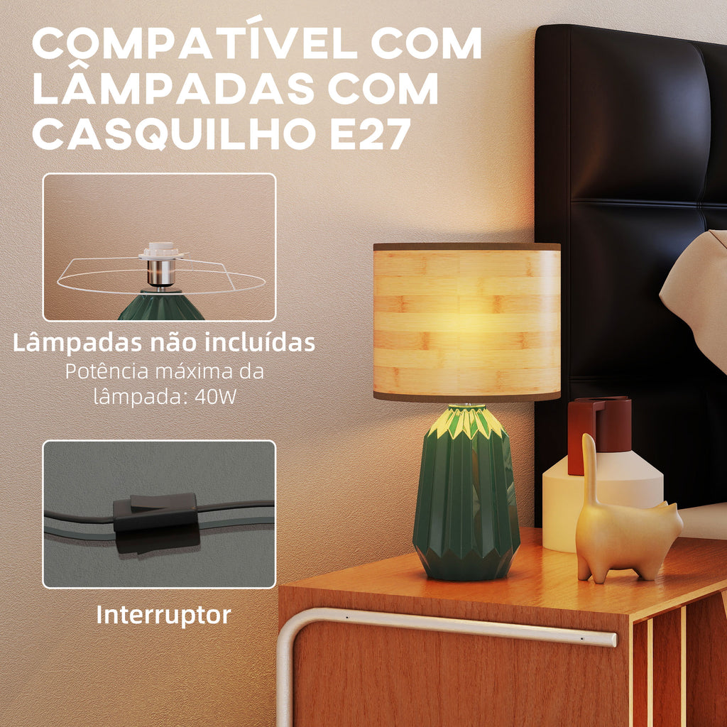 HOMCOM Candeeiro de Mesa Retro com Base Cerâmica e Ecrã Linho Verde