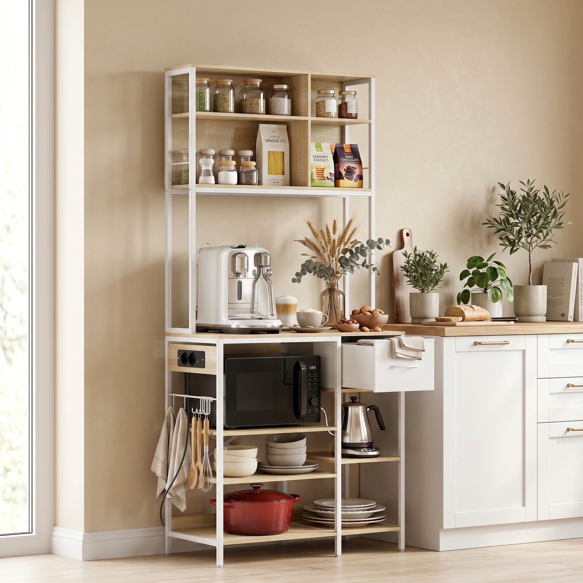 HOMCOM Estante de Cozinha com Suporte para Micro-ondas, 80x40x181 cm, Carvalho