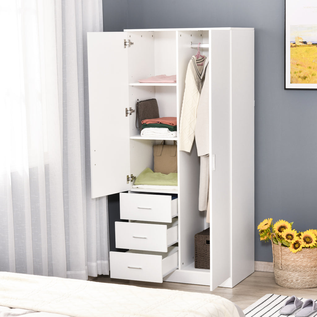 HOMCOM Roupeiro 2 Portas com Espelho, 3 Gavetas, 80x50x180cm, Branco