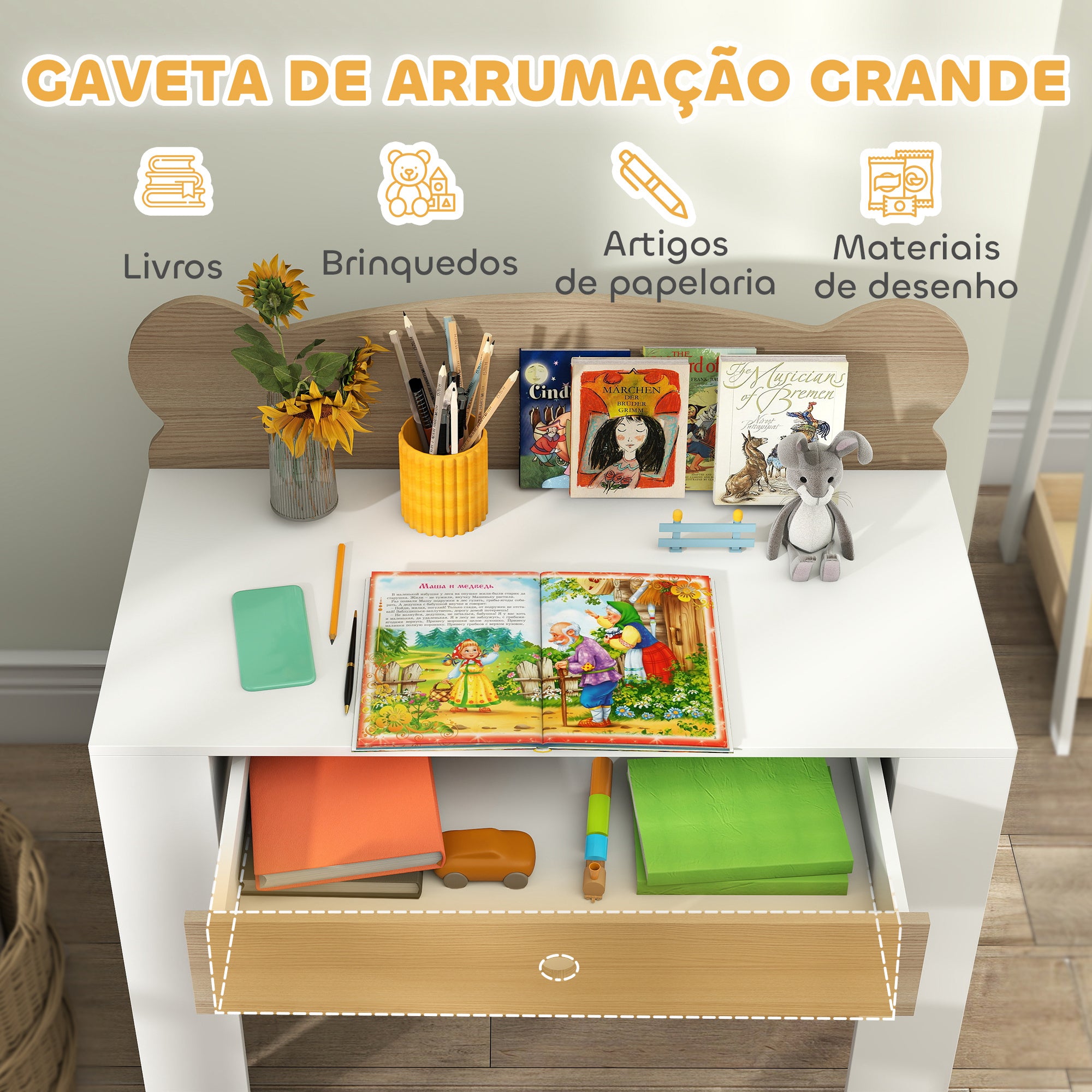 AIYAPLAY Secretária para Crianças com Cadeira em Forma de Ursinho, Branco e Madeira