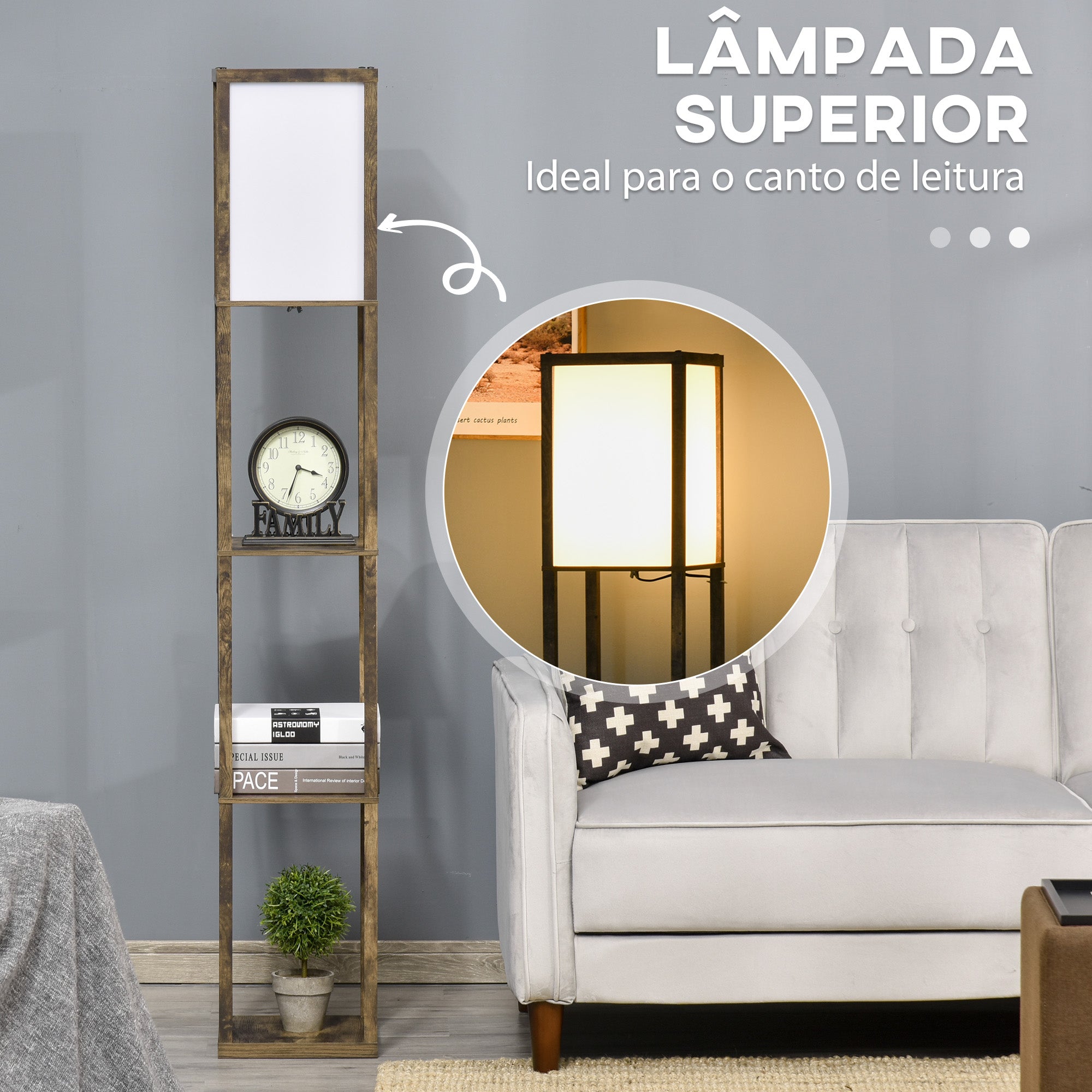 Homcom Candeeiro de Pé com 3 Prateleiras, 160 cm, Castanho Rústico