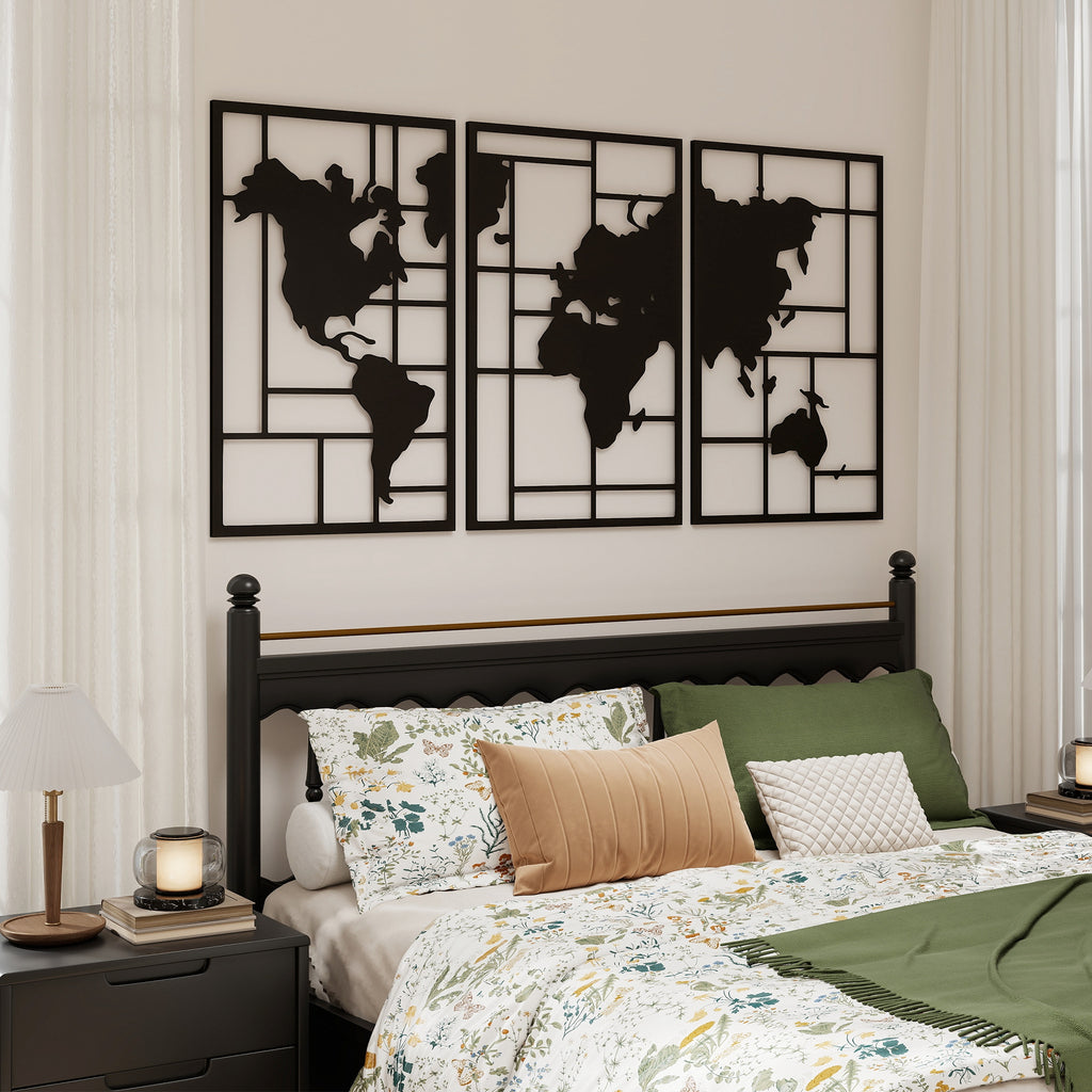 HOMCOM Mapa Múndi Metal Decoração de Parede 3 Peças Preto