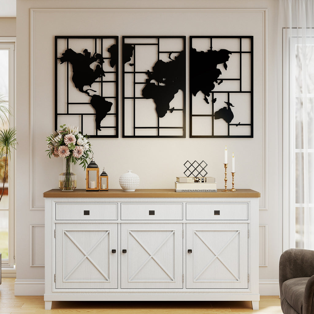 HOMCOM Mapa Múndi Metal Decoração de Parede 3 Peças Preto
