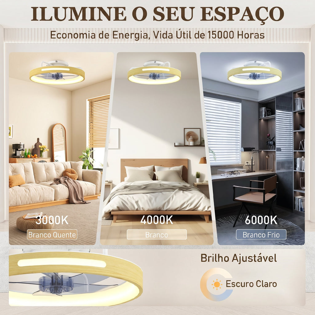 HOMCOM Ventilador de Teto LED 40W Motor DC 6 Velocidades Madeira Natural