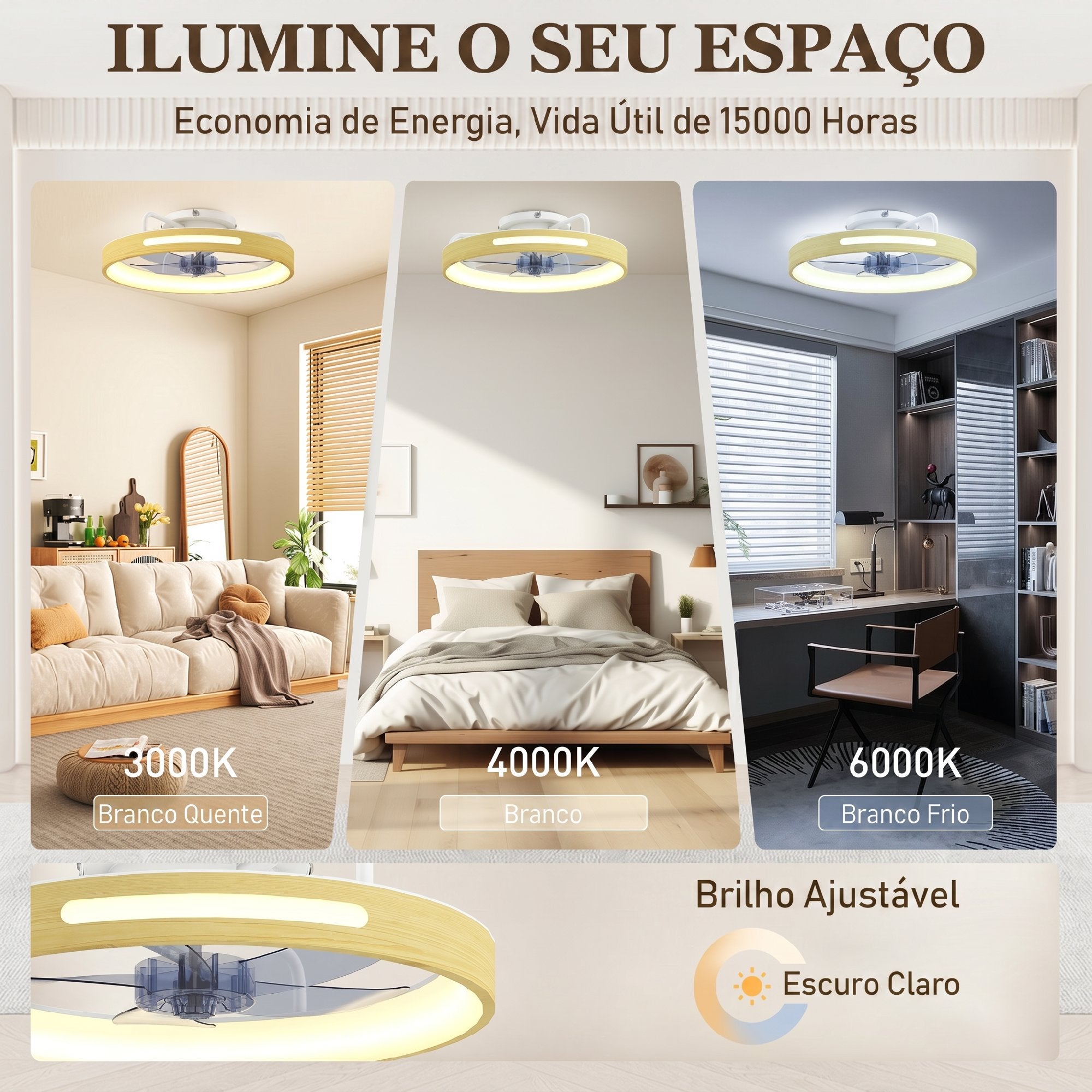 HOMCOM Ventilador de Teto LED 40W Motor DC 6 Velocidades Madeira Natural